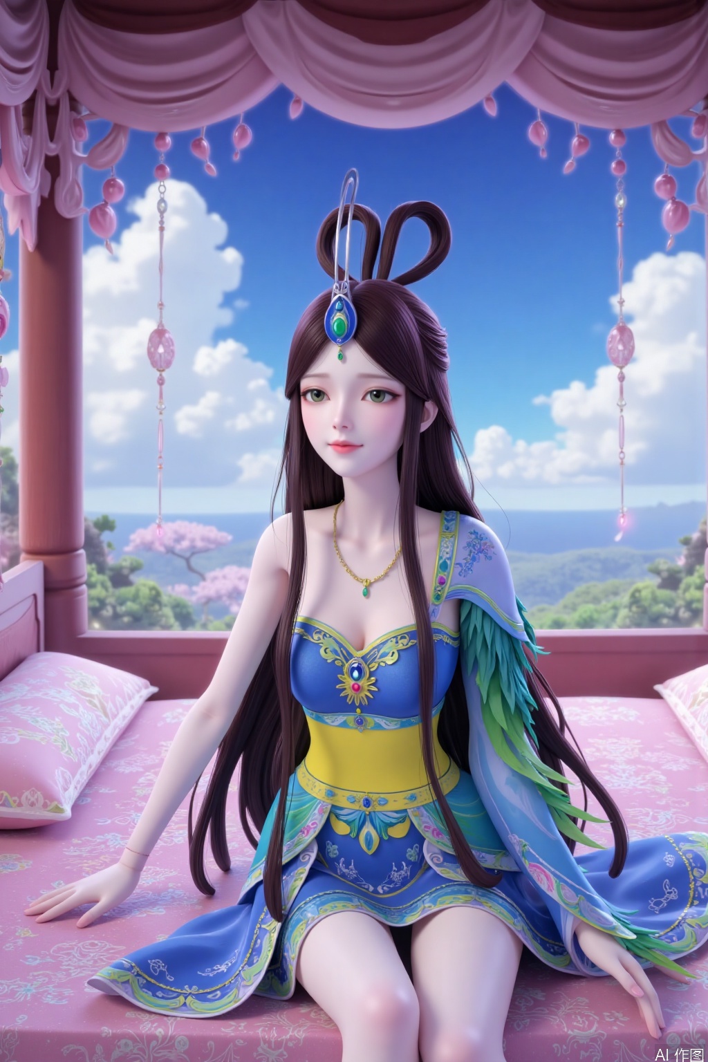 Ultra-clear, wallpaper, 8k, masterpiece, long hair, looking at the audience, smiling, bare shoulders, jewelry, sitting, with your mouth closed, whole body, earrings, sky, white clouds, indoors, necklaces, bare shoulders, lips, pillows, petals, windows, beds, curtains, cherry blossoms, 1 girl, solo, long hair, brown.  dress, green eyes, upper body, belt, blue dress, hair band, forehead jewel, high heels.