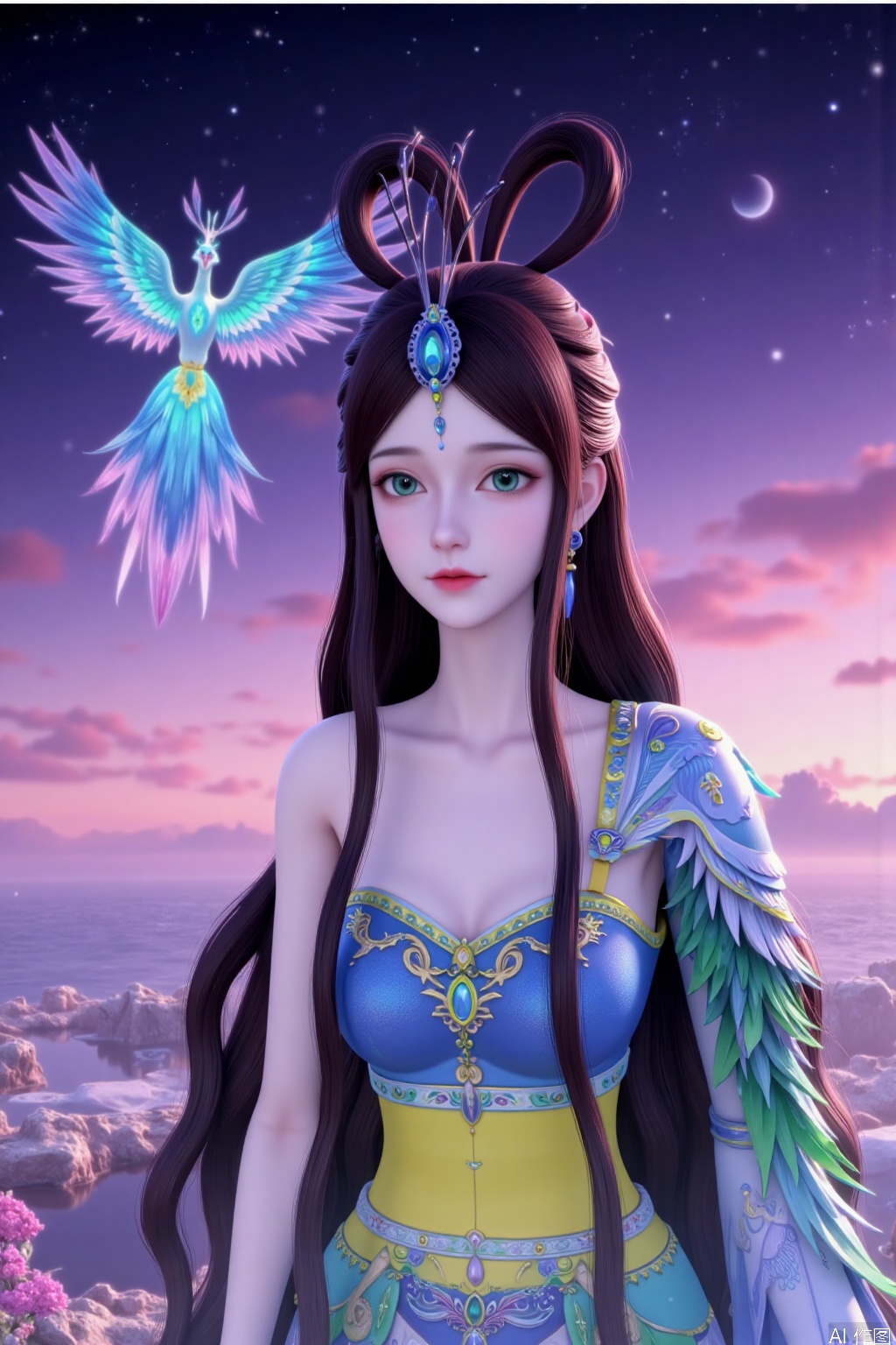 191 flat coloring. This image prompt depicts an animated woman with bright colors, detailed background and long black hair. She wears exquisite hair accessories, including headdress. Using the double exposure effect, you can see the beautiful rose sea, starry sky and stars in the sky through her silhouette. In addition, a glowing phoenix is depicted in the sky. The characters and the background blend together to create a fantastic aesthetic feeling. The overall style combines realism, 3D rendering, magical realism painting style, surrealism composition and bright colors, blurring the boundary between reality and fantasy. 1 girl, solo, long hair, brown hair, black hair, hair accessories, dress, green eyes, upper body, belt, blue dress, hair band, forehead jewel, high heels.