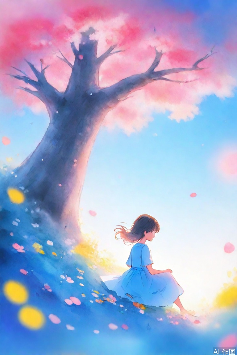 1girl, solo, long hair, brown hair, shirt, black hair, dress, sitting, flower, short sleeves, outdoors, sky, signature, medium hair, white dress, blurry, tree, blue sky, petals, profile, floating hair, blue dress, cherry blossoms, wind, scenery, wide shot
