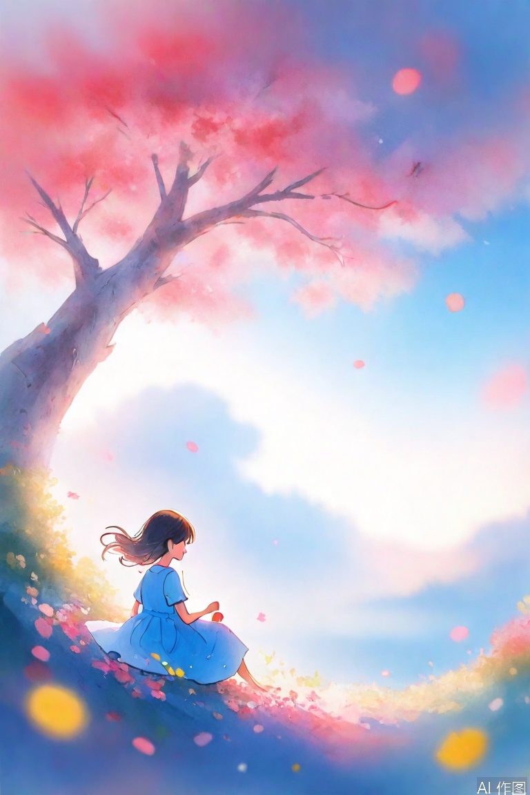 1girl, solo, long hair, brown hair, shirt, black hair, dress, sitting, flower, short sleeves, outdoors, sky, signature, medium hair, white dress, blurry, tree, blue sky, petals, profile, floating hair, blue dress, cherry blossoms, wind, scenery, wide shot