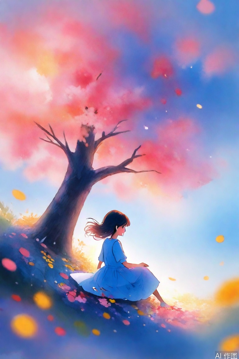 1girl, solo, long hair, brown hair, shirt, black hair, dress, sitting, flower, short sleeves, outdoors, sky, signature, medium hair, white dress, blurry, tree, blue sky, petals, profile, floating hair, blue dress, cherry blossoms, wind, scenery, wide shot