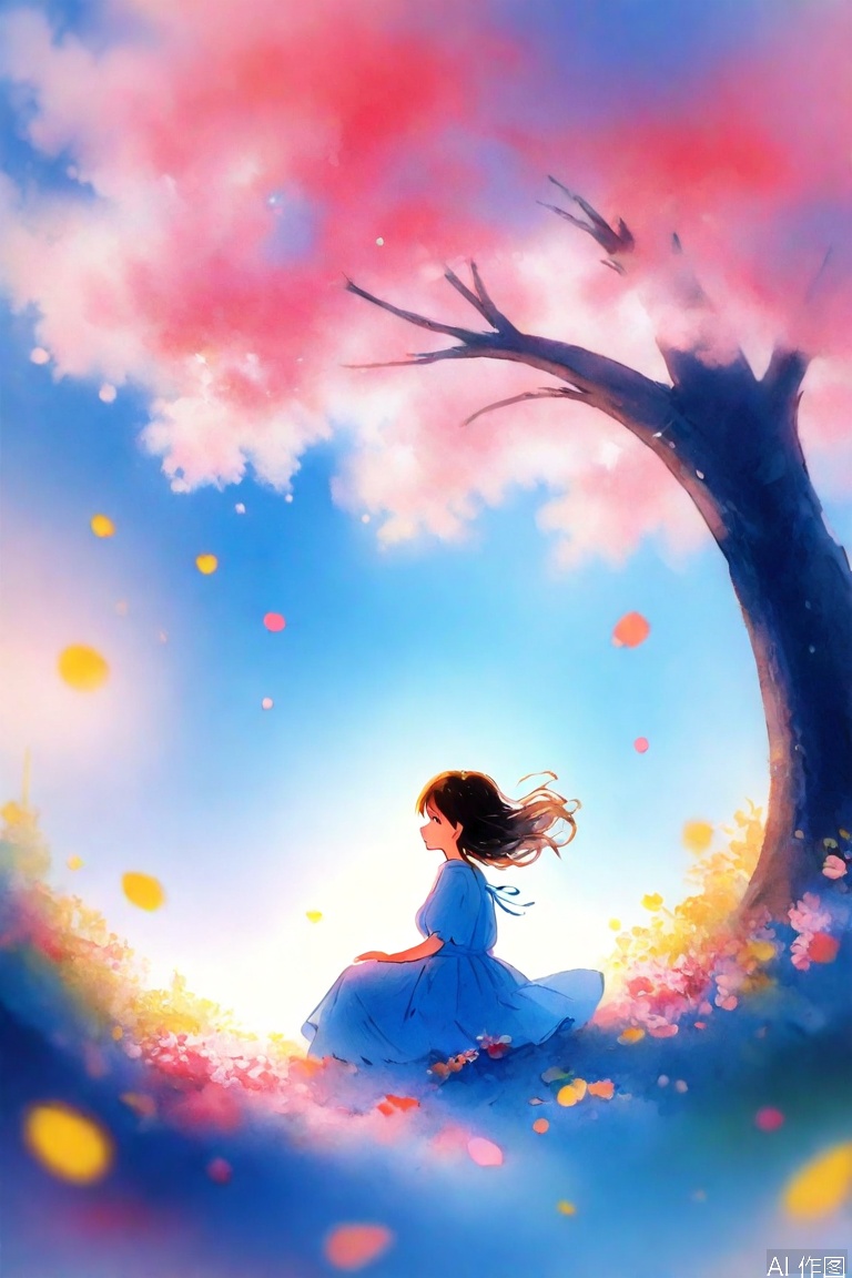 1girl, solo, long hair, brown hair, shirt, black hair, dress, sitting, flower, short sleeves, outdoors, sky, signature, medium hair, white dress, blurry, tree, blue sky, petals, profile, floating hair, blue dress, cherry blossoms, wind, scenery, wide shot