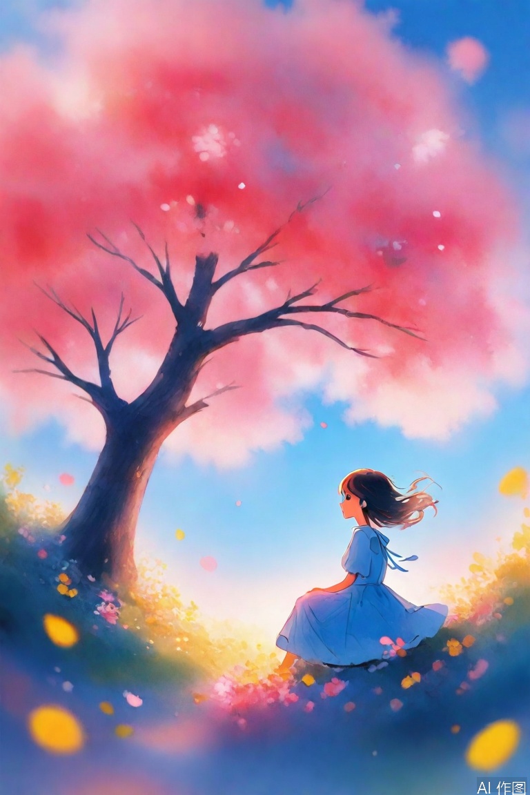 1girl, solo, long hair, brown hair, shirt, black hair, dress, sitting, flower, short sleeves, outdoors, sky, signature, medium hair, white dress, blurry, tree, blue sky, petals, profile, floating hair, blue dress, cherry blossoms, wind, scenery, wide shot