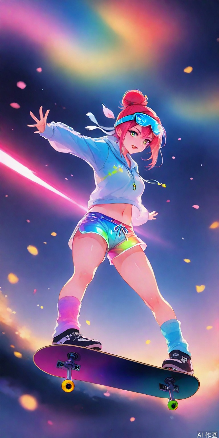 Sporty style 2D girl, high-tie bun with luminous sports headband, navel-exposed sweatshirt with holographic reflective strips, gradient laser shorts with piled socks, skateboard suspended cherry blossom special effect, neon street background acceleration line light effect, translucent goggles reflect rainbow light