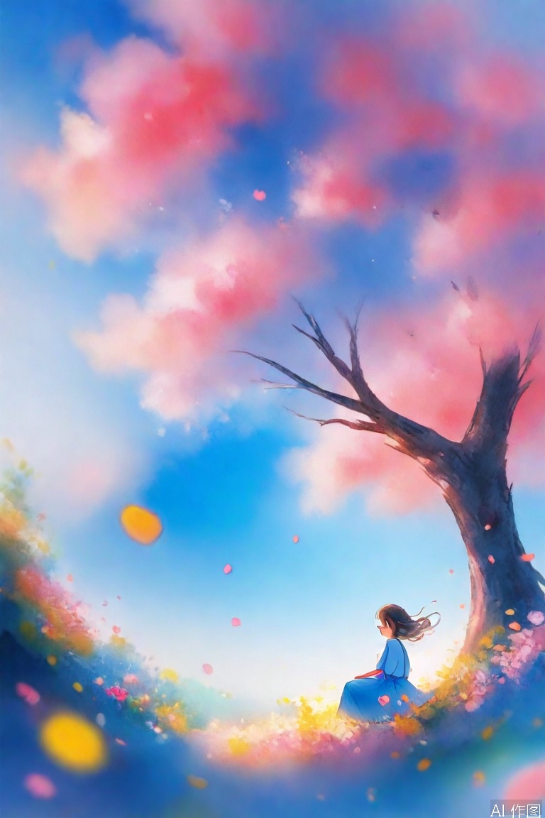 1girl, solo, long hair, brown hair, shirt, black hair, dress, sitting, flower, short sleeves, outdoors, sky, signature, medium hair, white dress, blurry, tree, blue sky, petals, profile, floating hair, blue dress, cherry blossoms, wind, scenery, wide shot