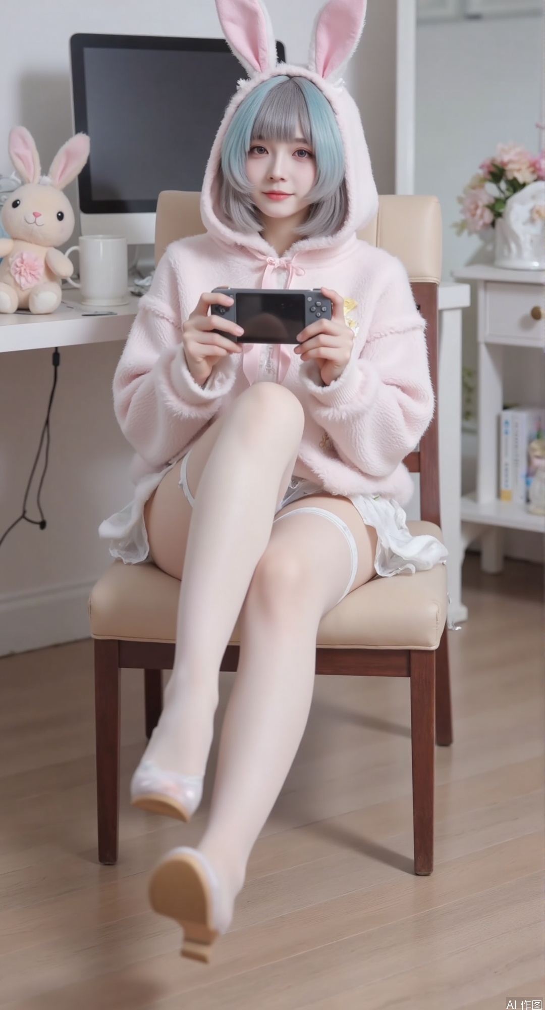 1girl, solo, bangs, white hair, thighhighs, holding, sitting, indoors, hood, white thighhighs, cup, chair, no shoes, stuffed toy, table, crossed legs, stuffed animal, reflection, mirror, mug, computer, legs stretched out and resting on a chair. The background includes a desk with a computer monitor, a mirror reflecting the person's legs and the room. Holding a handheld game console,petite,cute,loli, kawaii, children, little kids, rabbit ears, coat, hoodie, rabbit, animal hood , petite,cute,loli, kawaii, children, little kids, ,masterpiece, best quality, high quality, extremely detailed CG unity 8k wallpaper, extremely detailed, High Detail, vibrant colors, anime style, cover art,(artist:quasarcake:0.8),extreme aesthetic,(wlop:0.6),masterpiece,best quality,good quality,newest,very aesthetic,absurdres,Visual impact,32K UHD,sharp focus,(mogumo:1.1),(good hands, nice hands:0.5),impactful picture,offcial art,phoebe