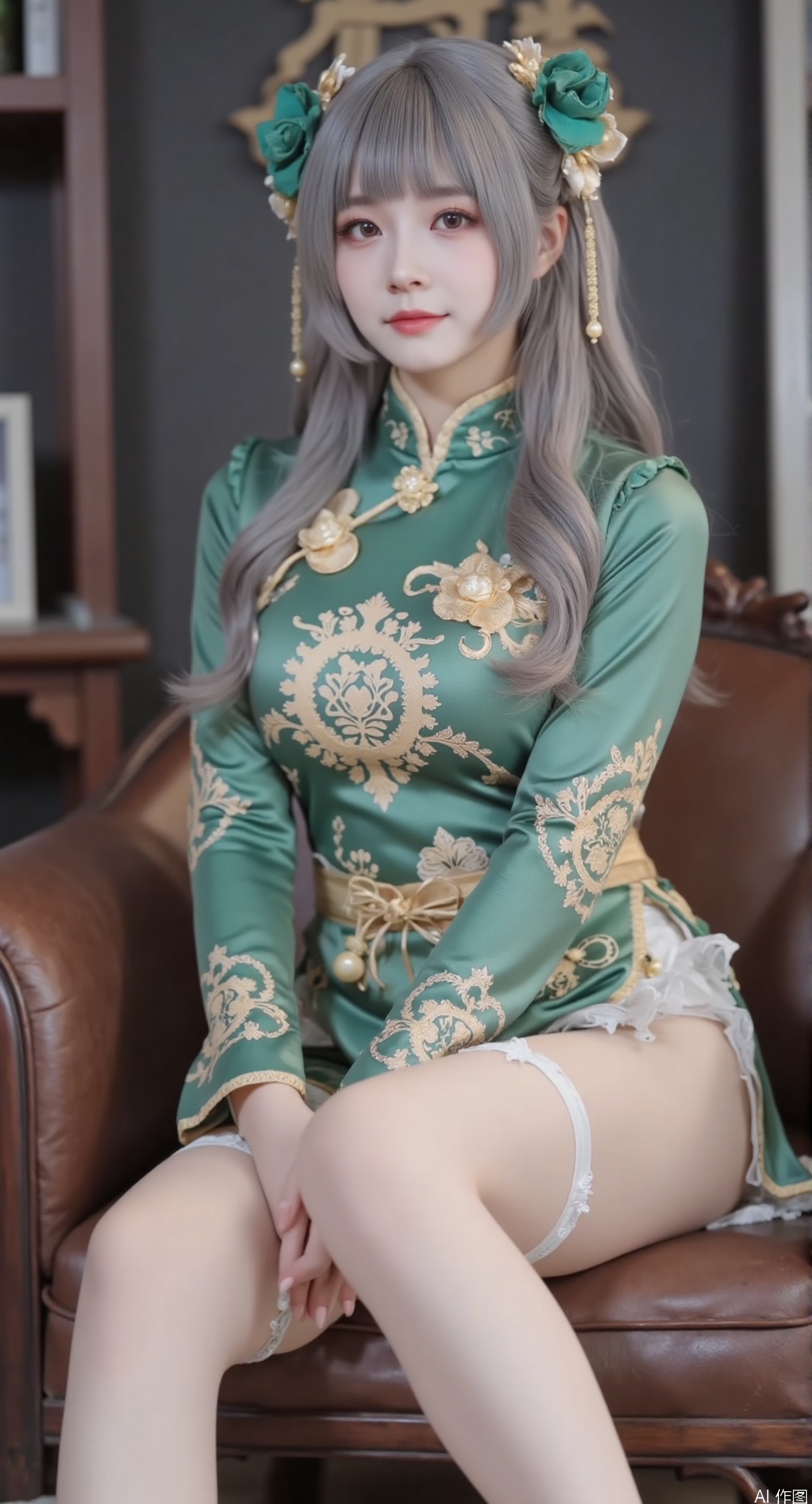 
"High-quality, detailed 8K illustration of a beautiful girl with gray braided hair, wearing a cut out green traditional Chinese-style outfit with golden decorative patterns and cut-out design. She has green bows with golden edges in her hair, white stockings, and sits on a brown leather chair. The outfit features Chinese-style collar and intricate golden embellishments, showcasing a blend of traditional and fashionable elements."
