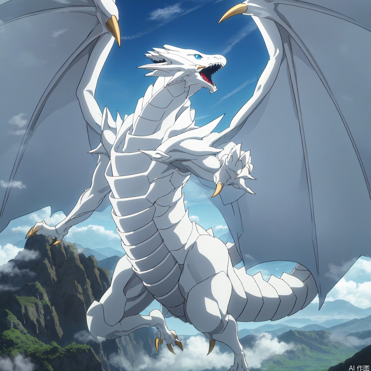 The image depicts a majestic white dragon with intricate, sharp, and glowing armor-like plates. Its wings are large and translucent, extending outward in a dramatic display. The dragon's body is muscular and well-defined, with a long, coiled tail. The background features a mountainous landscape with clouds, giving a sense of the dragon's presence in a high-altitude, ethereal environment. The overall scene is vibrant and fantastical, with a focus on the dragon's powerful and regal appearance.dragon furry,dragon boy,furry,furry male,duel monster,dragon,Blue-Eyes