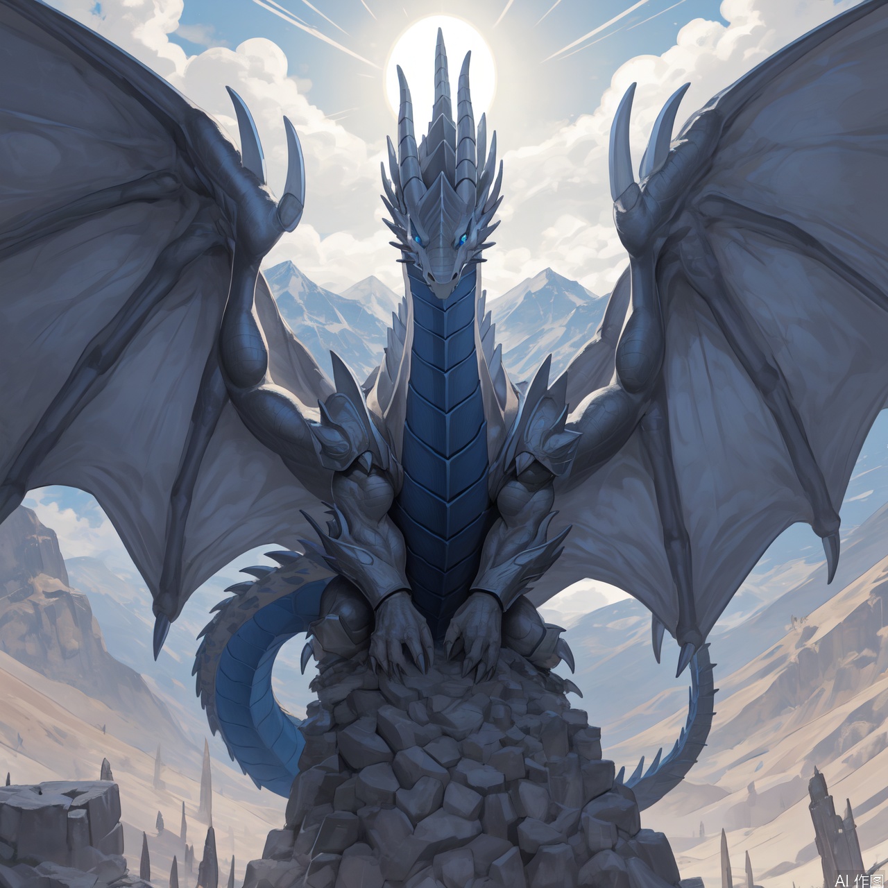 The image depicts a majestic white dragon with intricate, sharp, and glowing armor-like plates. Its wings are large and translucent, extending outward in a dramatic display. The dragon's body is muscular and well-defined, with a long, coiled tail. The background features a mountainous landscape with clouds, giving a sense of the dragon's presence in a high-altitude, ethereal environment. The overall scene is vibrant and fantastical, with a focus on the dragon's powerful and regal appearance.dragon furry,dragon boy,furry,furry male,duel monster,dragon,Blue-Eyes