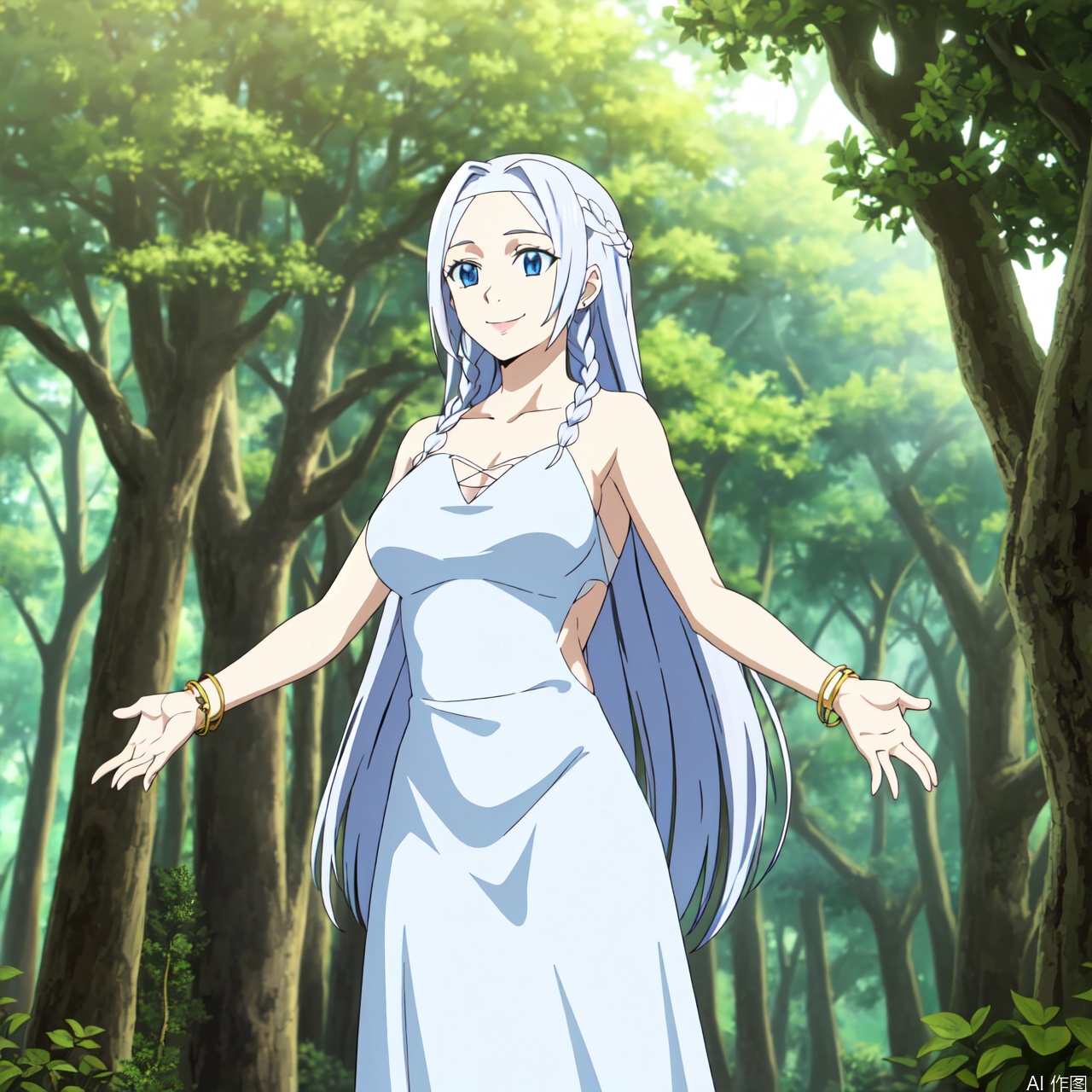 1girl, solo, long hair, breasts, smile, blue eyes, dress, jewelry, medium breasts, very long hair, braid, white hair, tree, headband, monster girl, nature, forest, duel monster,Blue-Eyes