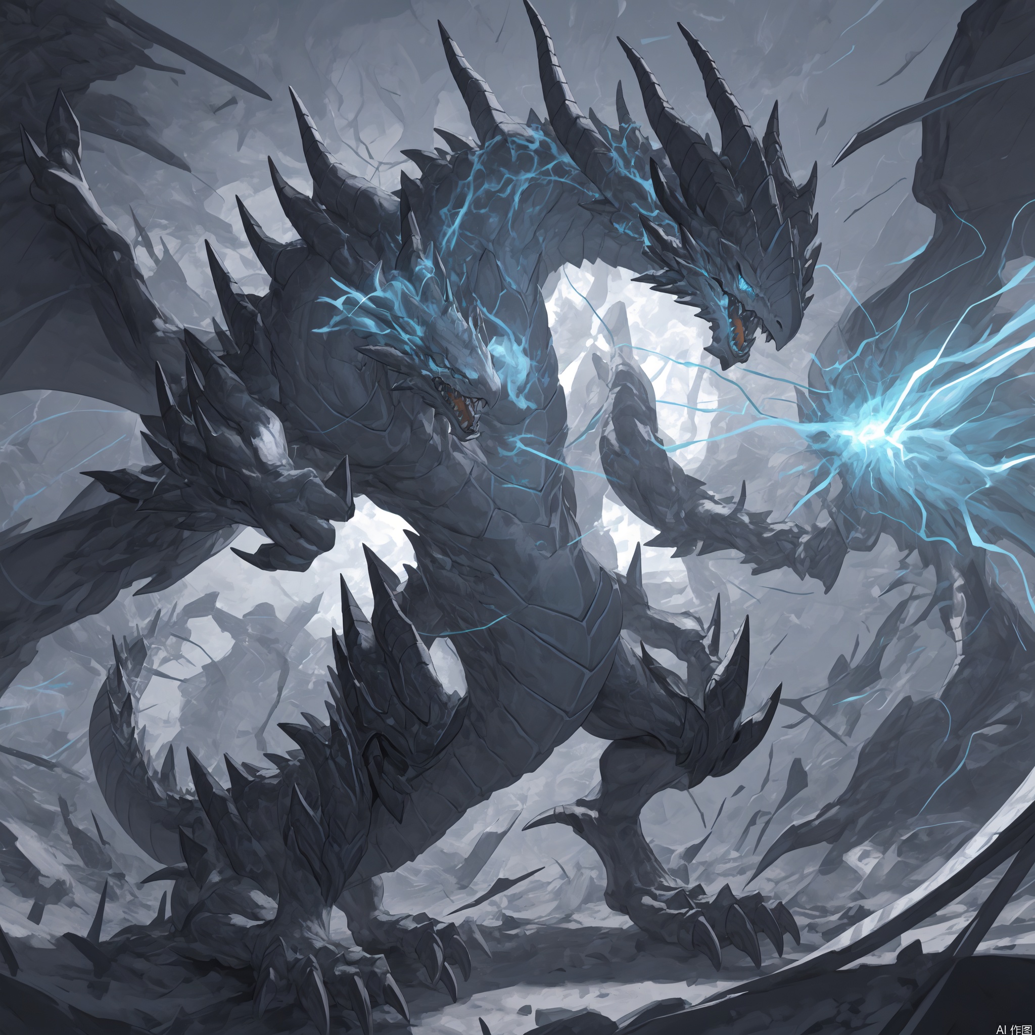 The image depicts a highly detailed and dynamic illustration of a dragon-like creature. The creature is primarily silver and blue, with intricate patterns and sharp, angular features that suggest a powerful and formidable presence. Its wings are large and spread wide, with a metallic sheen that complements its overall silver and blue color scheme. The creature's body is muscular and robust, with sharp claws and teeth visible in its open mouth, giving it a fierce and intimidating appearance.

The background is filled with bright, electric-like energy effects, with streaks of light and swirling patterns that enhance the sense of power and movement. The energy effects are predominantly yellow and orange, contrasting with the cool tones of the dragon's body.
duel monster,dragon,Blue-Eyes,dragon boy,furry