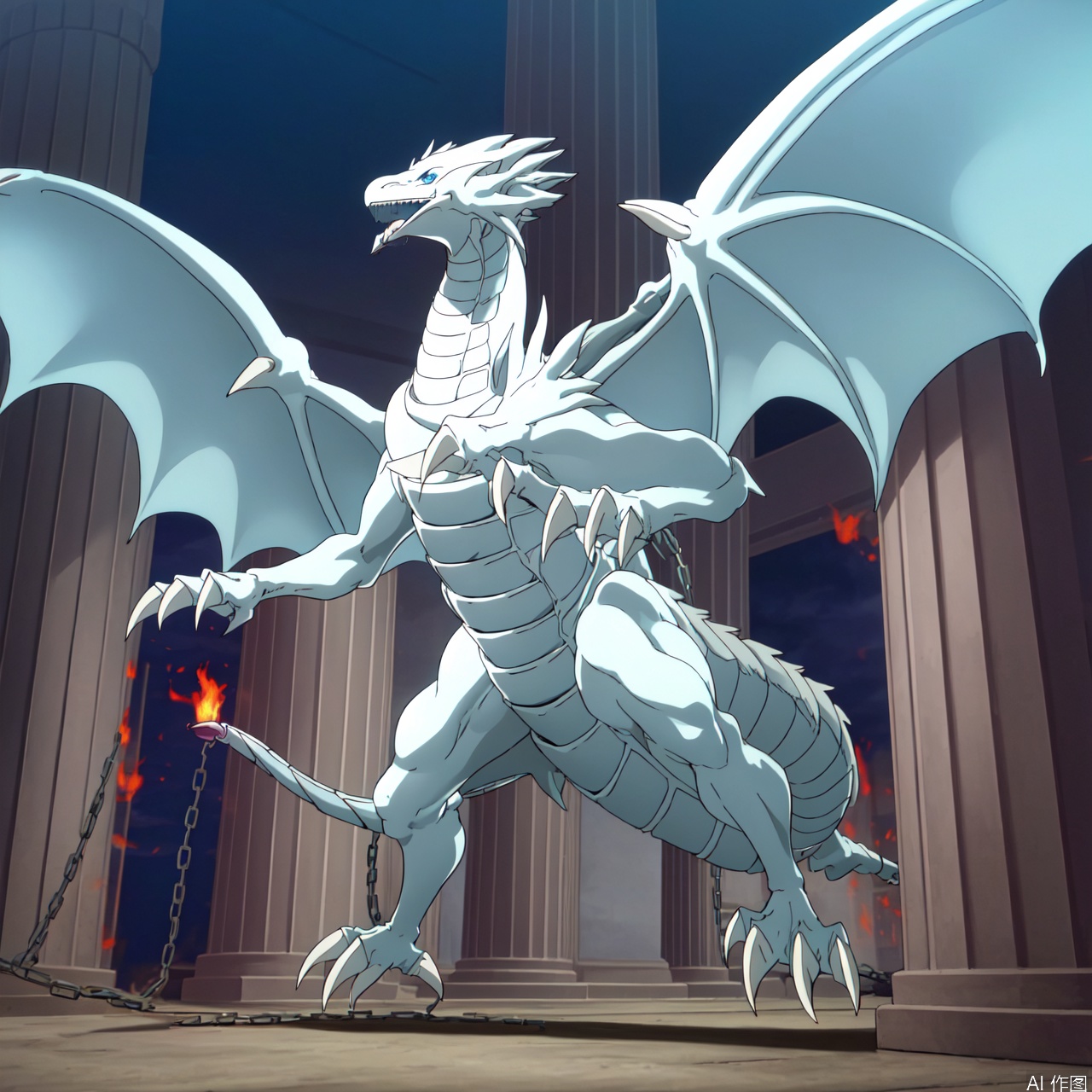 solo, 1boy, tail, male focus, wings, teeth, chain, abs, fire, claws, topless male, pillar, column,Blue-Eyes,dragon furry,dragon boy,furry,furry male,duel monster