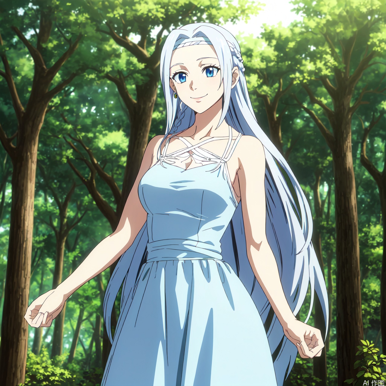 1girl, solo, long hair, breasts, smile, blue eyes, dress, jewelry, medium breasts, very long hair, braid, white hair, tree, headband, monster girl, nature, forest, duel monster,Blue-Eyes