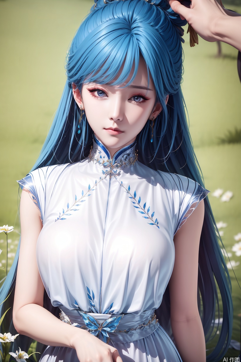 1girl, long hair, looking at viewer, dress, jewelry, blue hair, earrings, solo focus, white dress, bare legs, chinese clothes, masterpiece,best quality,official art,extremely detailed CG unity 8k wallpaper,
upper body,looking at viewer,in a meadow,