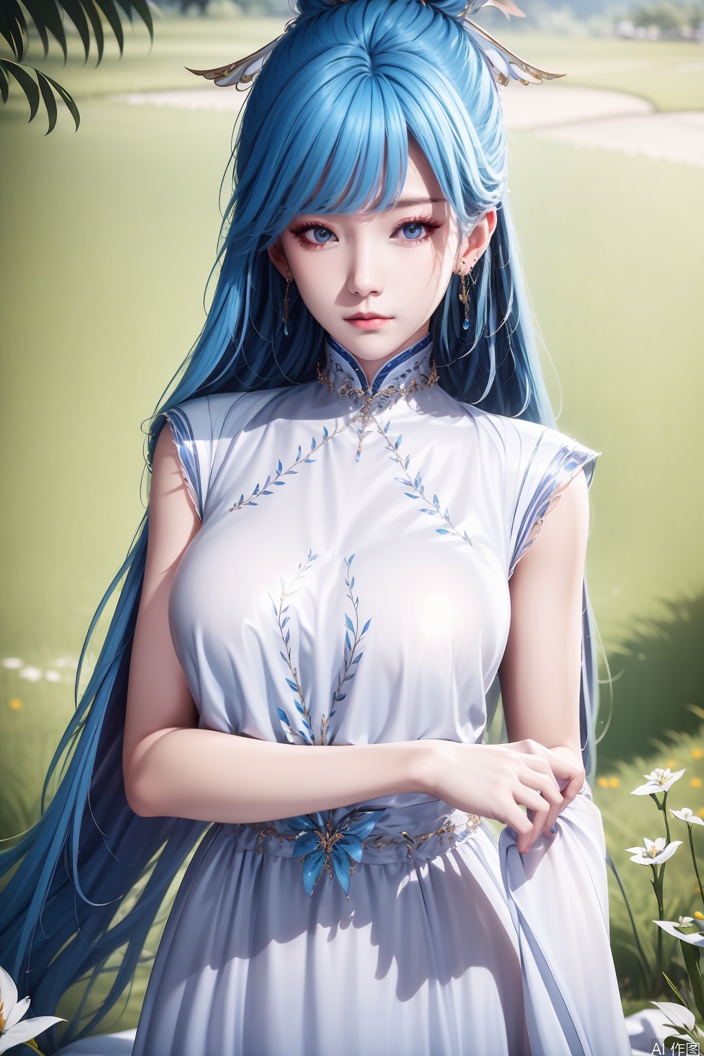 1girl, long hair, looking at viewer, dress, jewelry, blue hair, earrings, solo focus, white dress, bare legs, chinese clothes, masterpiece,best quality,official art,extremely detailed CG unity 8k wallpaper,
upper body,looking at viewer,in a meadow,
