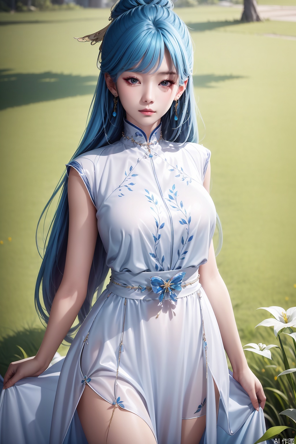 1girl, long hair, looking at viewer, dress, jewelry, blue hair, earrings, solo focus, white dress, bare legs, chinese clothes, masterpiece,best quality,official art,extremely detailed CG unity 8k wallpaper,
upper body,looking at viewer,in a meadow,