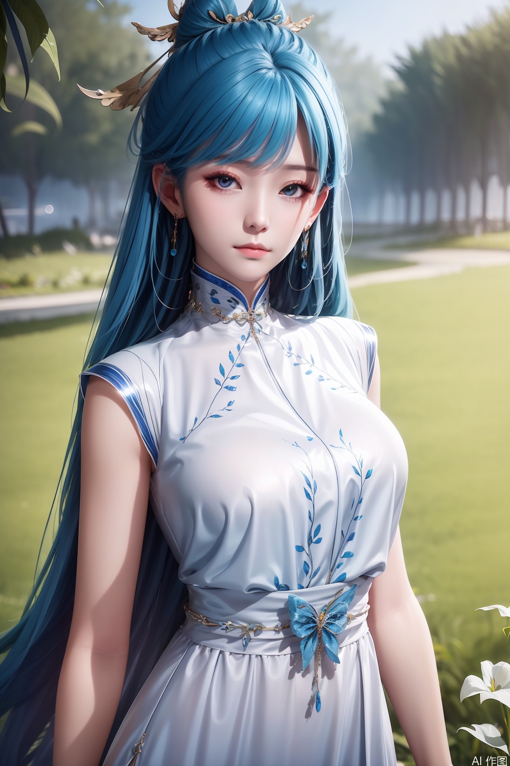 1girl, long hair, looking at viewer, dress, jewelry, blue hair, earrings, solo focus, white dress, bare legs, chinese clothes, masterpiece,best quality,official art,extremely detailed CG unity 8k wallpaper,
upper body,looking at viewer,in a meadow,