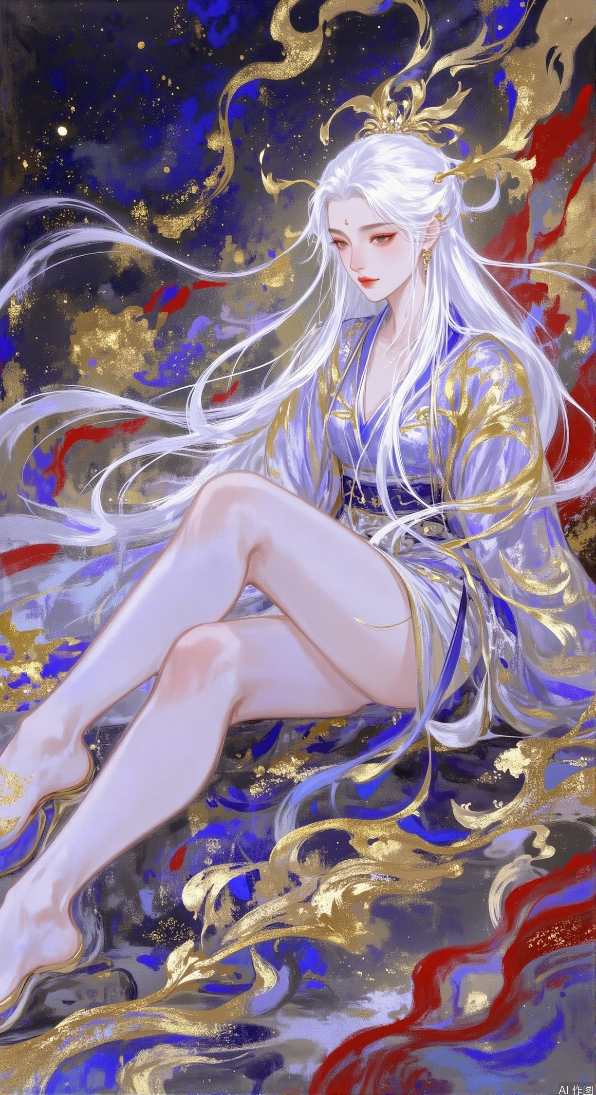 1girl,solo,hanfu,sitting, long legs,long white hair,
