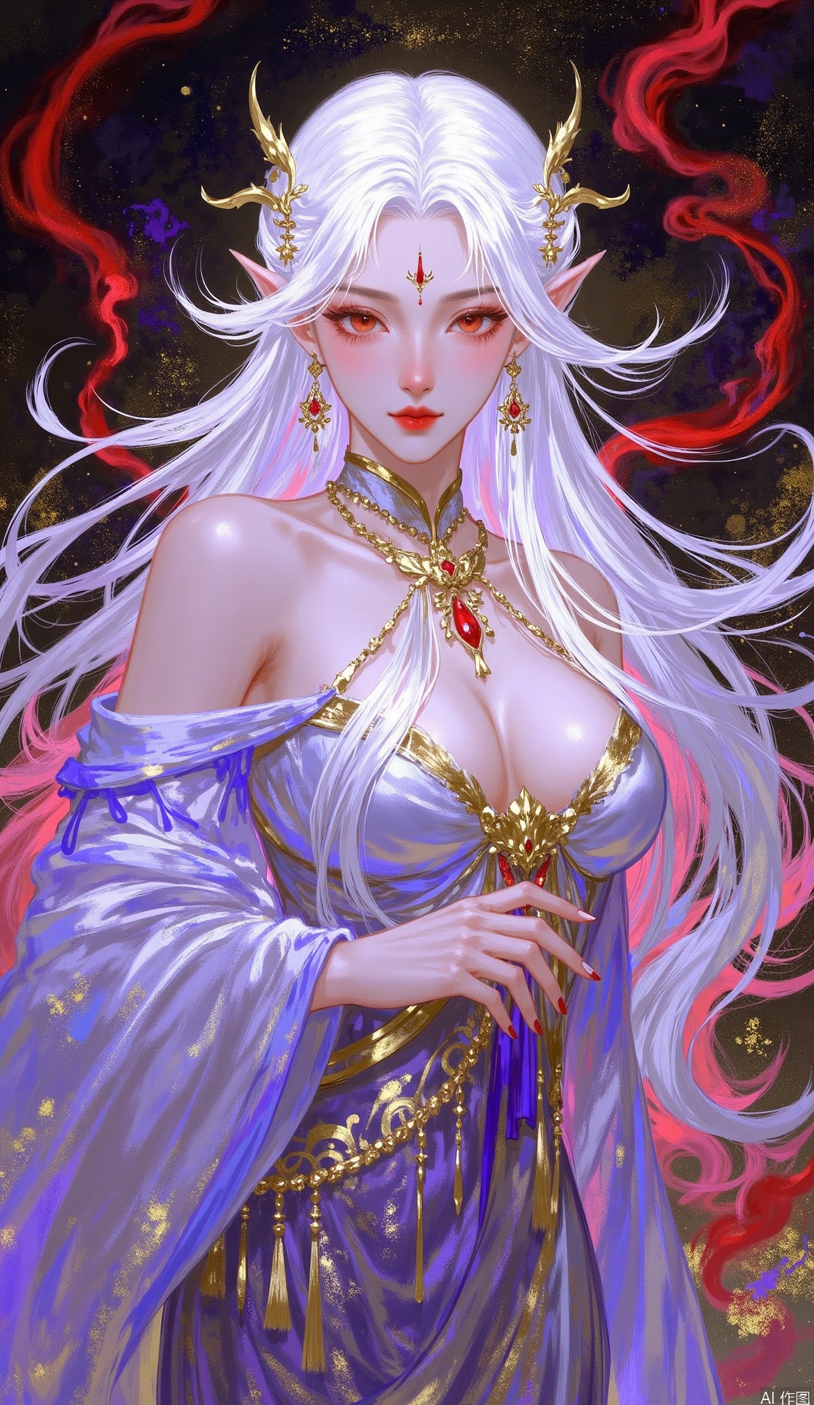 1girl, solo, long hair, breasts, looking at viewer, hair ornament, red eyes, dress, navel, cleavage, bare shoulders, jewelry, white hair, earrings, detached sleeves, pointy ears, necklace, forehead mark