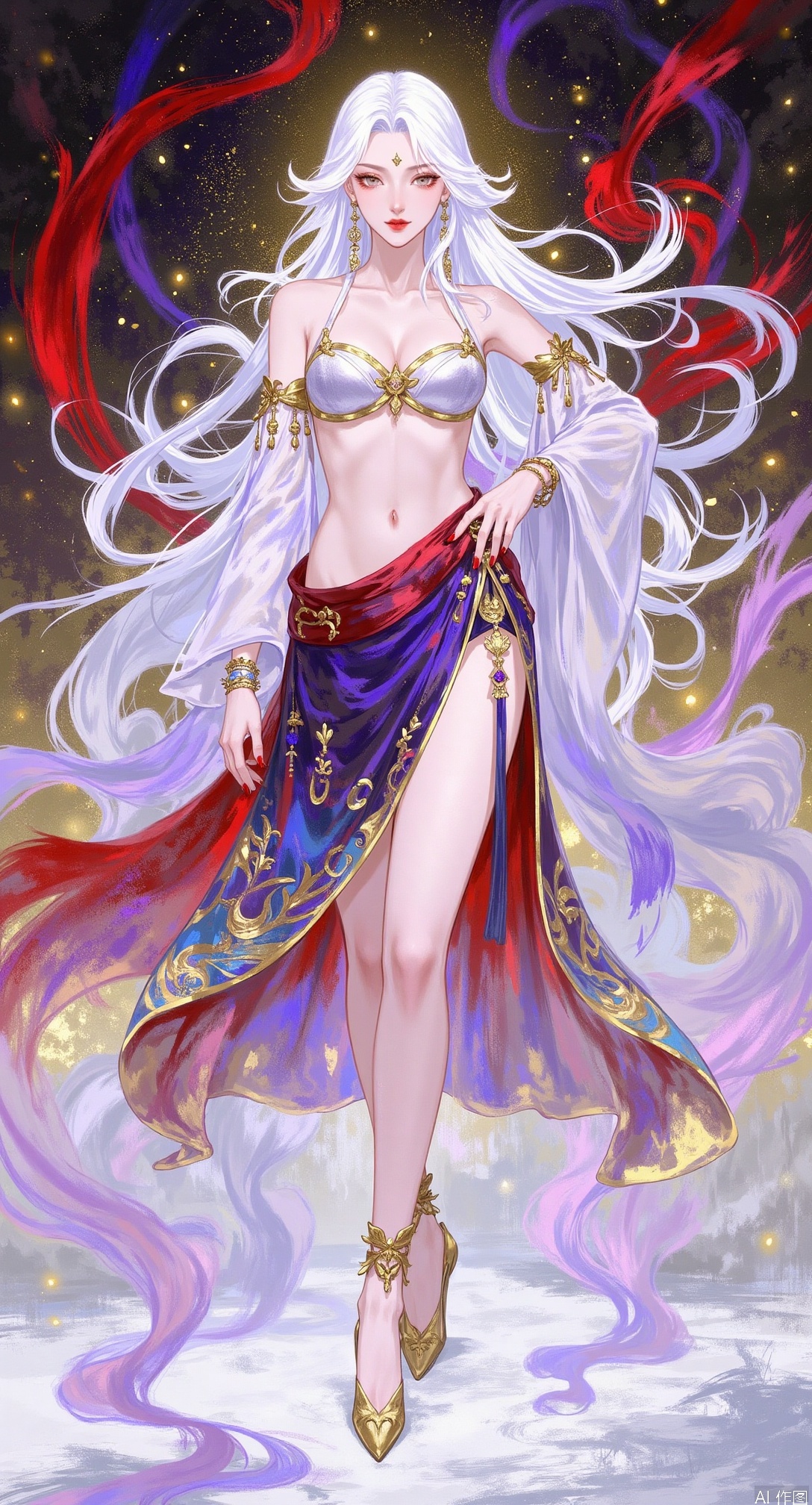 1girl, solo, long hair, breasts, looking at viewer, skirt, navel, cleavage, bare shoulders, jewelry, medium breasts, standing, full body, white hair, earrings, midriff, bracelet, hand on hip, bare legs, red nails, anklet, red lips, gold footwear