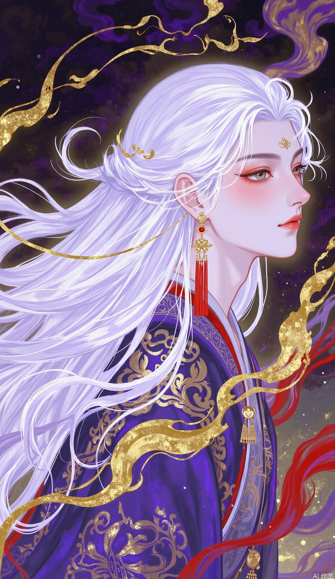 1girl, solo, long hair, hair ornament, 1boy, jewelry, closed mouth, upper body, white hair, male focus, earrings, from side, makeup, floating hair, chinese clothes, tassel, tassel earrings
