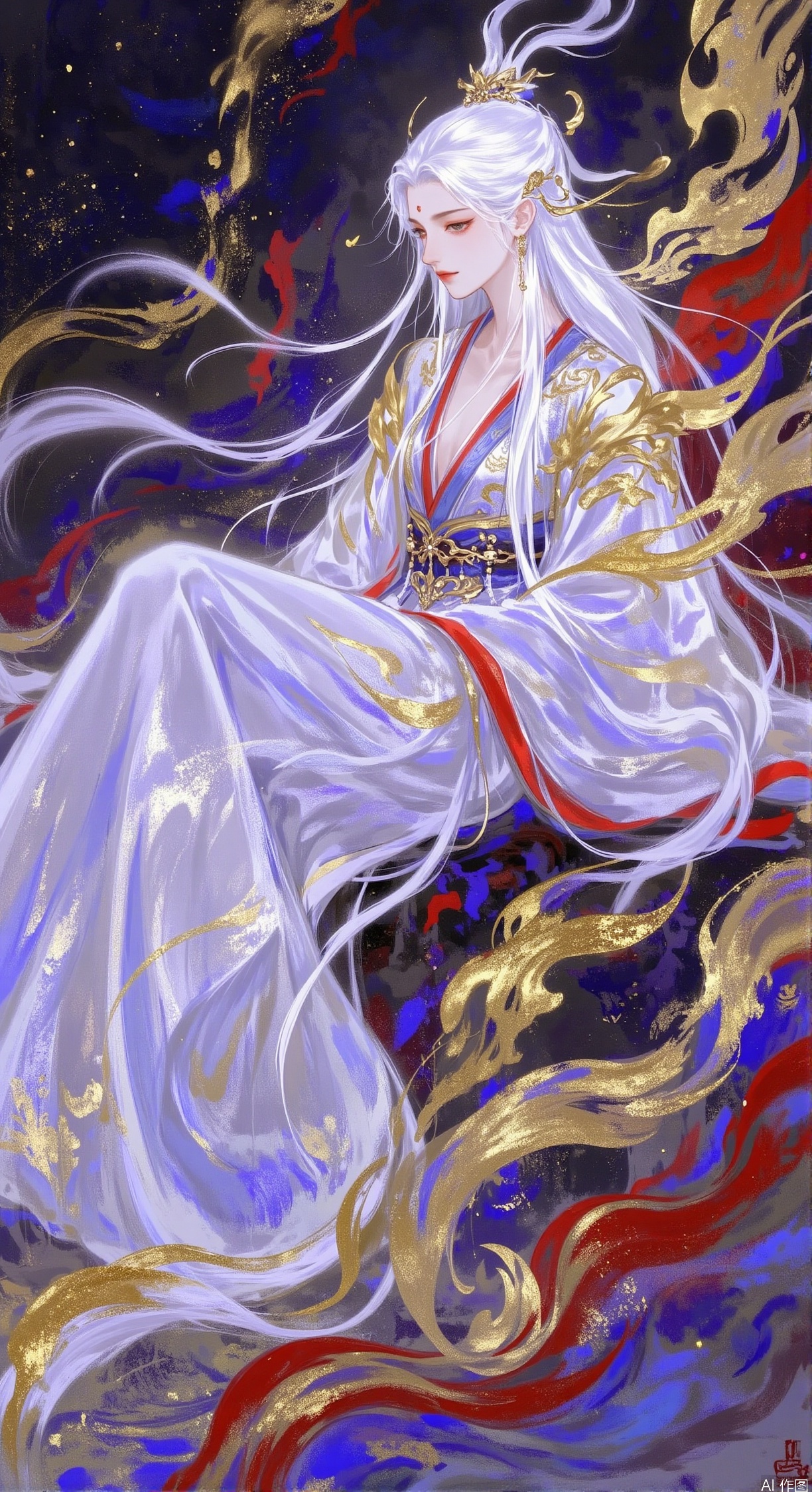 1girl,solo,hanfu,sitting, long legs,long white hair,
