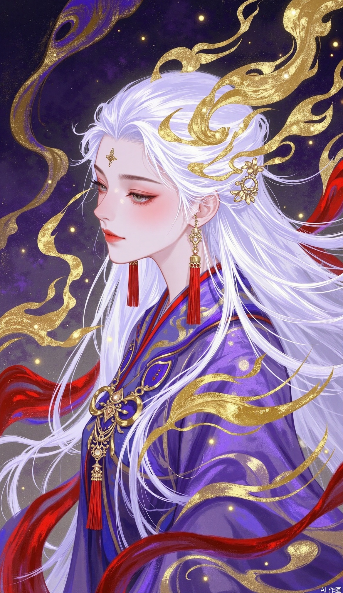 1girl, solo, long hair, hair ornament, , jewelry, closed mouth, upper body, white hair, earrings, from side, makeup, floating hair, chinese clothes, tassel, tassel earrings