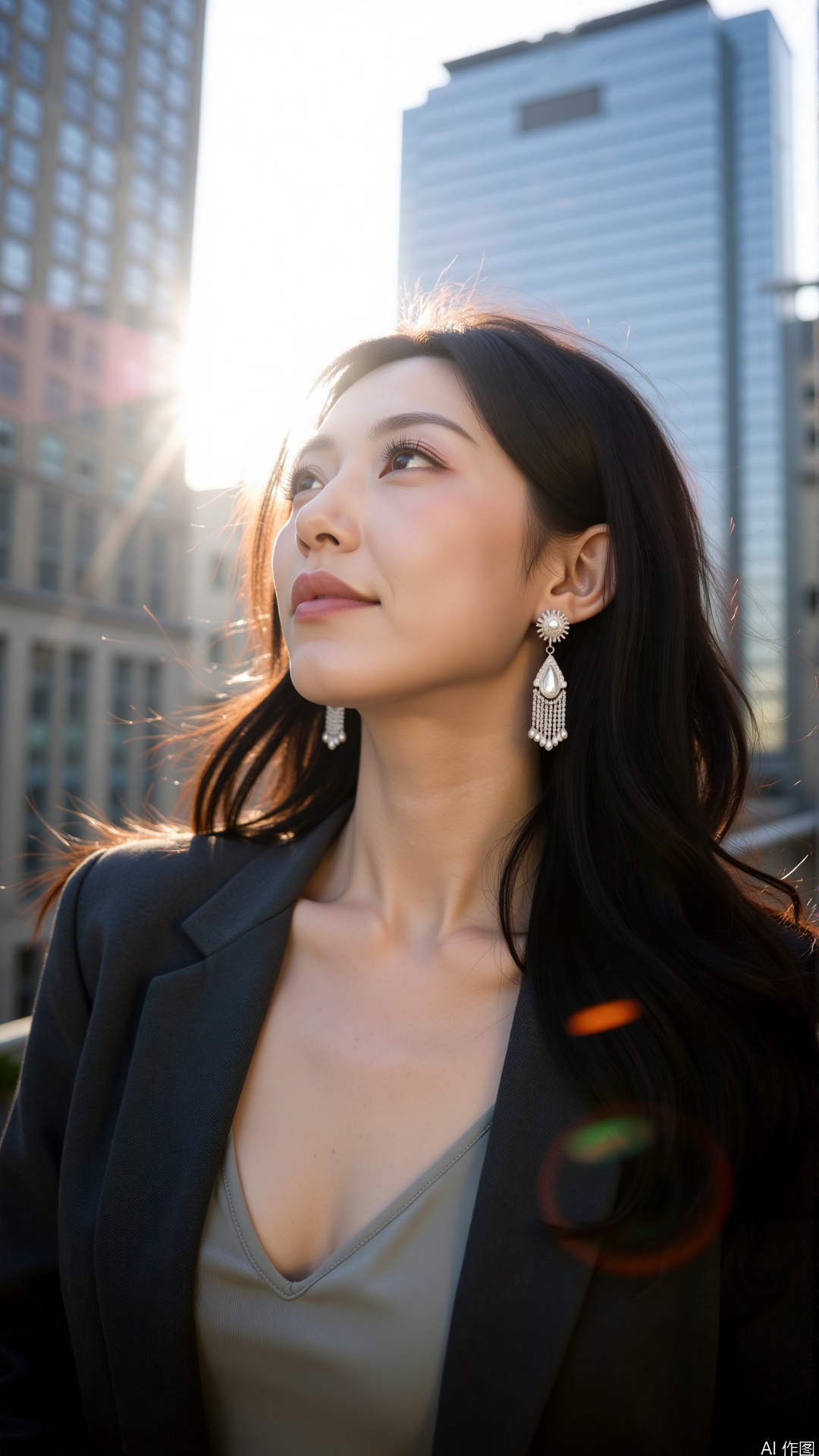 Shot from a low angle, the urban woman glances back over her shoulder, sharp jawline accentuated. Diamond fringe earrings catch the light, pairing a silk camisole with a charcoal blazer—modern yet feminine. Glass skyscrapers reflect morning light, creating a dynamic composition.
