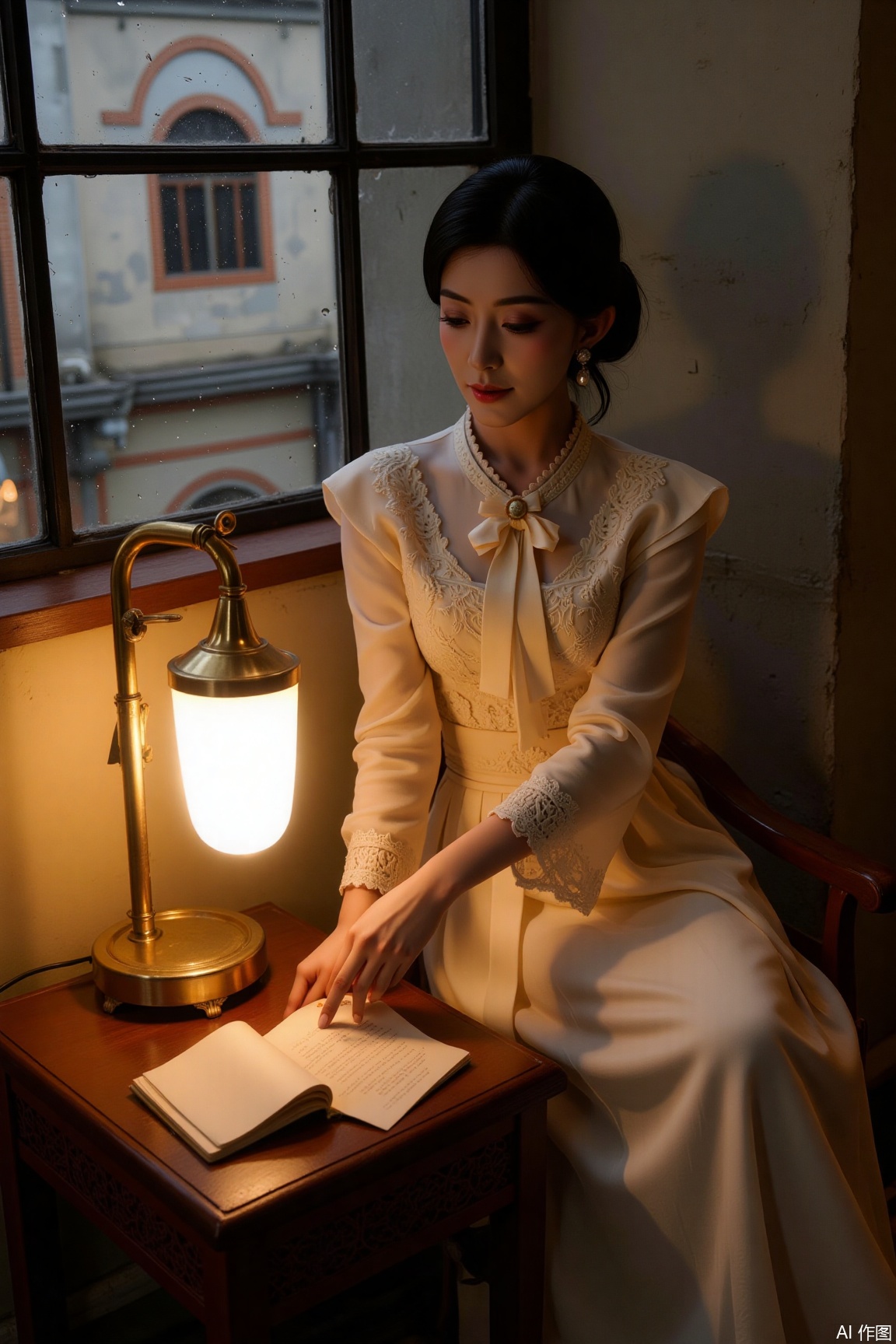 An elegant lady in an embroidered chiffon dress sits in the study of a Shanghai old foreign - style house. The warm light of the gilded table lamp shines on the pages of a book, contrasting with the cold rain outside the window. Highlight strokes accentuate the folds of her skirt as her fingertips brush over a yellowed letter, as if old memories are lingering.,jzbj,shanghai,plns,zhj