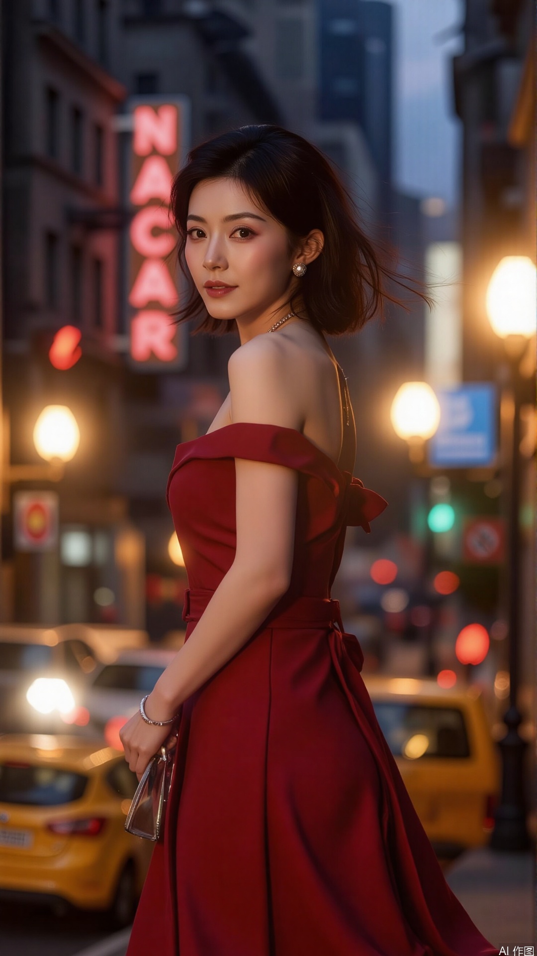 As the evening lights come on, the urban streets are bustling with traffic and neon lights flickering. A tall and elegant urban beauty stands gracefully, becoming the focus of the picture. She has a delicate face, deep eyes, and her short and neat hair adds a sense of competence. Wearing a red off-the-shoulder evening dress, the skirt flutters in the wind, and she holds an exquisite handbag. In the blurred background, the car lights and neon lights interweave into a dreamy light and shadow, setting off her elegance. Under the close-up lens, every detail of her exudes charming charm, as if you can hear the nocturne played by the city for her.