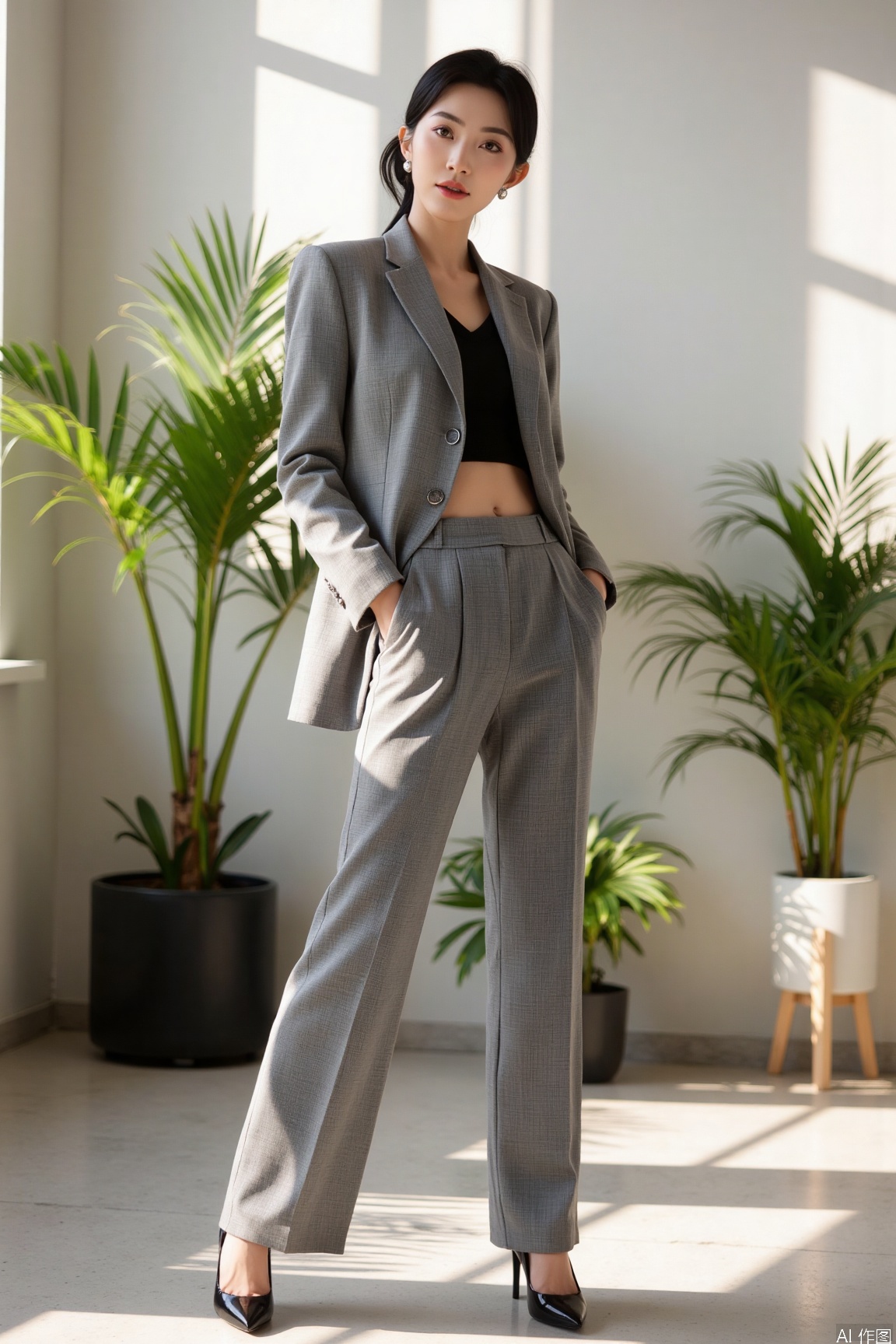 A stylish and modern female business elite in a gray suit paired with matching wide - leg pants and black high heels. Standing in a minimalist meeting room filled with green plants, the slanting sunlight creates an atmosphere where fashion and professionalism coexist.