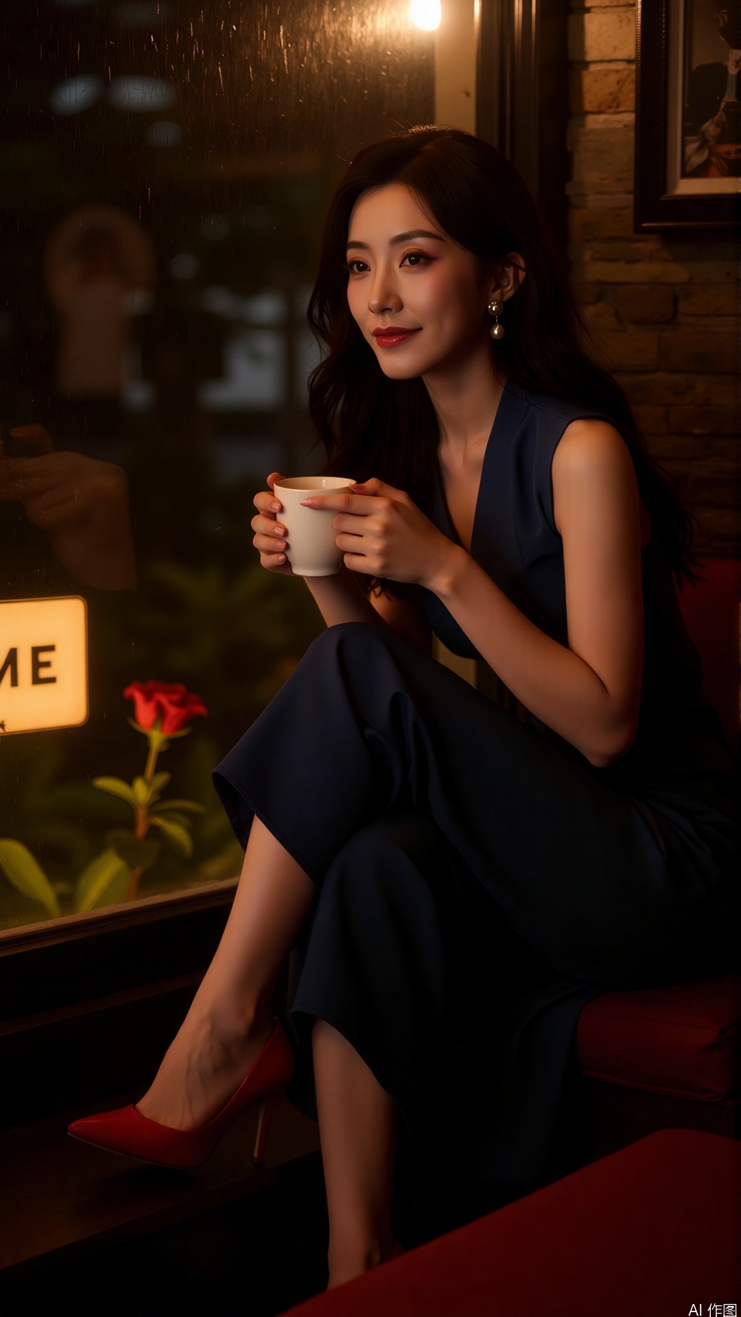  rainy,vivid color photo background,An elegant woman with a beautiful face, wearing a dark blue dress and red high heels, sits by the window of a café on a rainy night, holding a cup of hot coffee. Shot with a Sony A7C camera, aperture f/2.8, shutter speed 1/80 second, ISO 500, with a warm color tone as the main, creating a cozy and romantic atmosphere.,lzbg,zhj