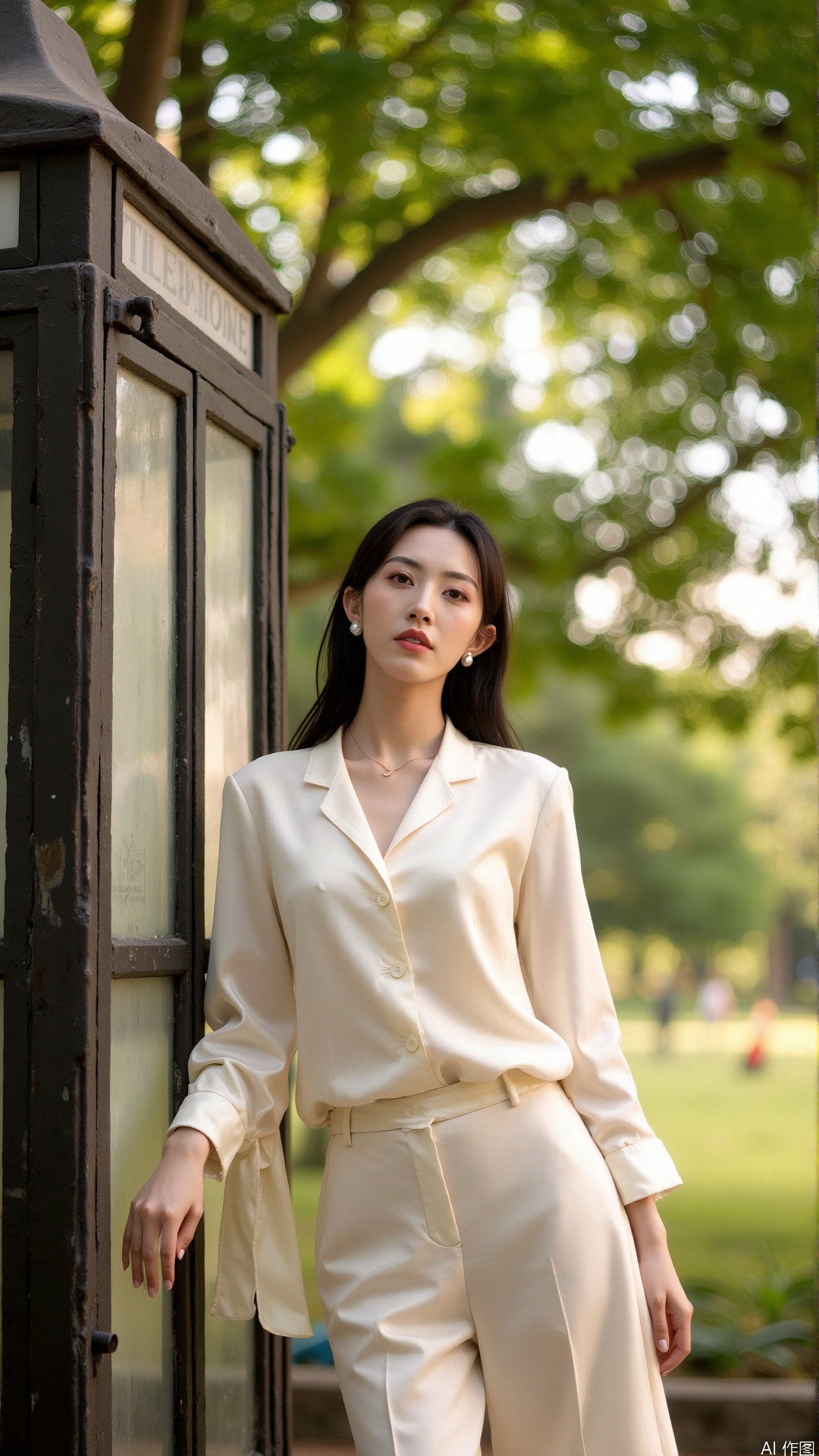 A fashionable female model wearing a cream silk blouse and wide-leg pants leans against a vintage telephone booth. Sunlight filters through the plane tree leaves, casting dappled light and creating a lazy, leisurely atmosphere, shaping the image of a gentle and intellectual urban beauty.