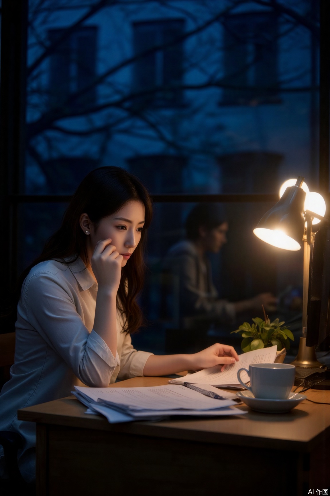 Working overtime in the office late at night: The blue light from the computer screen blends with the warm light of the desk lamp. She rubs her temples while reviewing documents, with a coffee cup and scattered reports covering the desk. Taken with Canon EOS 5D Mark IV, 50mm f/1.4, ISO 800, 1/60s.,plns,tgh,double-exposure