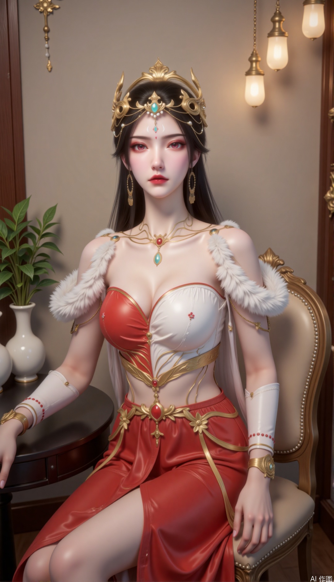 zichu-hongdie, "This image depicts a charming woman, a full body shot of her, with long black hair, a golden crown on her head, a green gem in the middle, she has red eyes and delicate makeup, red and white eyeshadows and dark red lips, Wearing a beautifully crafted red and white outfit and a red and white dress. The skirt covers the entire legs, the clothes come with intricate patterns and exhaustively designed accessories
The woman sat on a beige chair with her right hand on a black round table, with her posture elegantly. Green plants are embellished in white vases on the table to add a natural atmosphere. The background wall is soft tones, and the wooden decoration on one side contrasts with hanging gold lamps, creating a warm and elegant atmosphere.