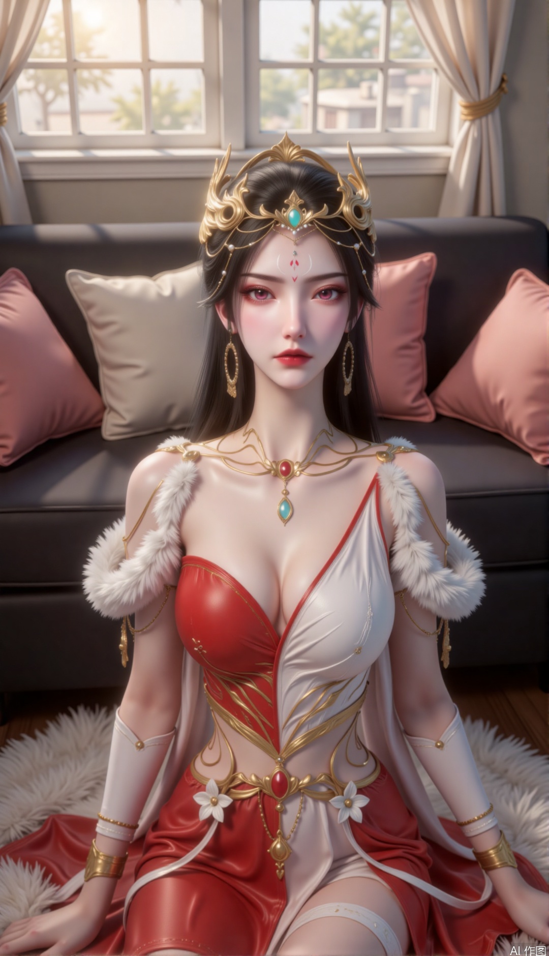 zichu-hongdie, "This image depicts a charming woman, a full body shot of her, with long black hair, a golden crown on her head, a green gem in the middle, she has red eyes and delicate makeup, red and white eyeshadows and dark red lips, Wearing a beautifully crafted red and white outfit and a red and white dress. The skirt covers the entire legs, the clothes come with intricate patterns and exhaustively designed accessories
She sat on the floor covered with plush blankets, her legs crossed and her posture relaxed. Behind me is a dark sofa with several soft-colored pillows placed on the sofa. The windows and curtains can be seen in the background, and soft light is poured into the windows, creating a warm and comfortable home atmosphere. The overall picture has a delicate texture and natural light and shadow effects, giving people a warm and quiet feeling.