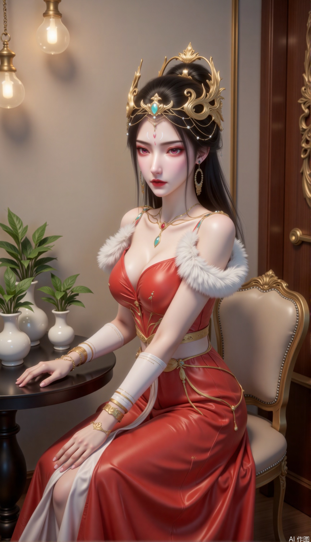 zichu-hongdie, "This image depicts a charming woman, a full body shot of her, with long black hair, a golden crown on her head, a green gem in the middle, she has red eyes and delicate makeup, red and white eyeshadows and dark red lips, Wearing a beautifully crafted red and white outfit and a red and white dress. The skirt covers the entire legs, the clothes come with intricate patterns and exhaustively designed accessories
The woman sat on a beige chair with her right hand on a black round table, with her posture elegantly. Green plants are embellished in white vases on the table to add a natural atmosphere. The background wall is soft tones, and the wooden decoration on one side contrasts with hanging gold lamps, creating a warm and elegant atmosphere.