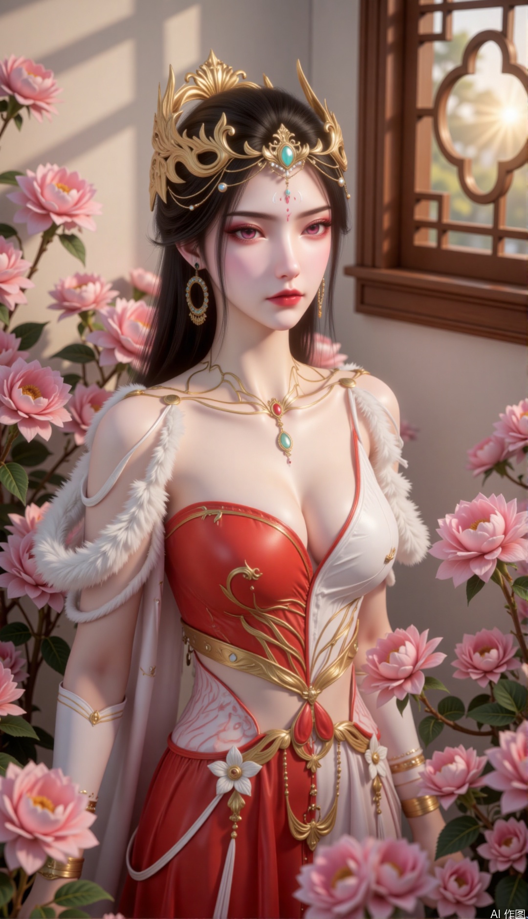 zichu-hongdie, "This image depicts a charming woman, a full body shot of her, with long black hair, a golden crown on her head, a green gem in the middle, she has red eyes and delicate makeup, red and white eyeshadows and dark red lips, Wearing a beautifully crafted red and white outfit and a red and white dress. The skirt covers the entire legs, the clothes come with intricate patterns and exhaustively designed accessories
Beside the woman were lush and blooming pink flowers, surrounded by the wooden window lattice, and the sun shone through the window, creating a warm and dreamy atmosphere, as if setting off the woman as a fairy among flowers. The overall picture is full of classical beauty and romantic atmosphere.