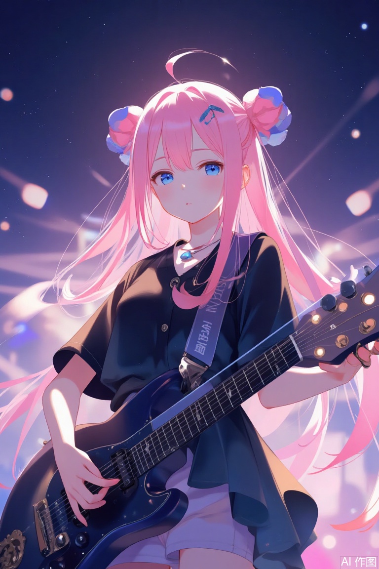 (best quality),(masterpiece),((beautiful:0.75) cute girl:0.75),[clear and clean] pixiv (illustration),gotou hitori,black shirt,concert,holding instrument,guitar,pink long hair,hair ornament,cube hair ornament,hair between eyes,bangs,blue eyes, concept art