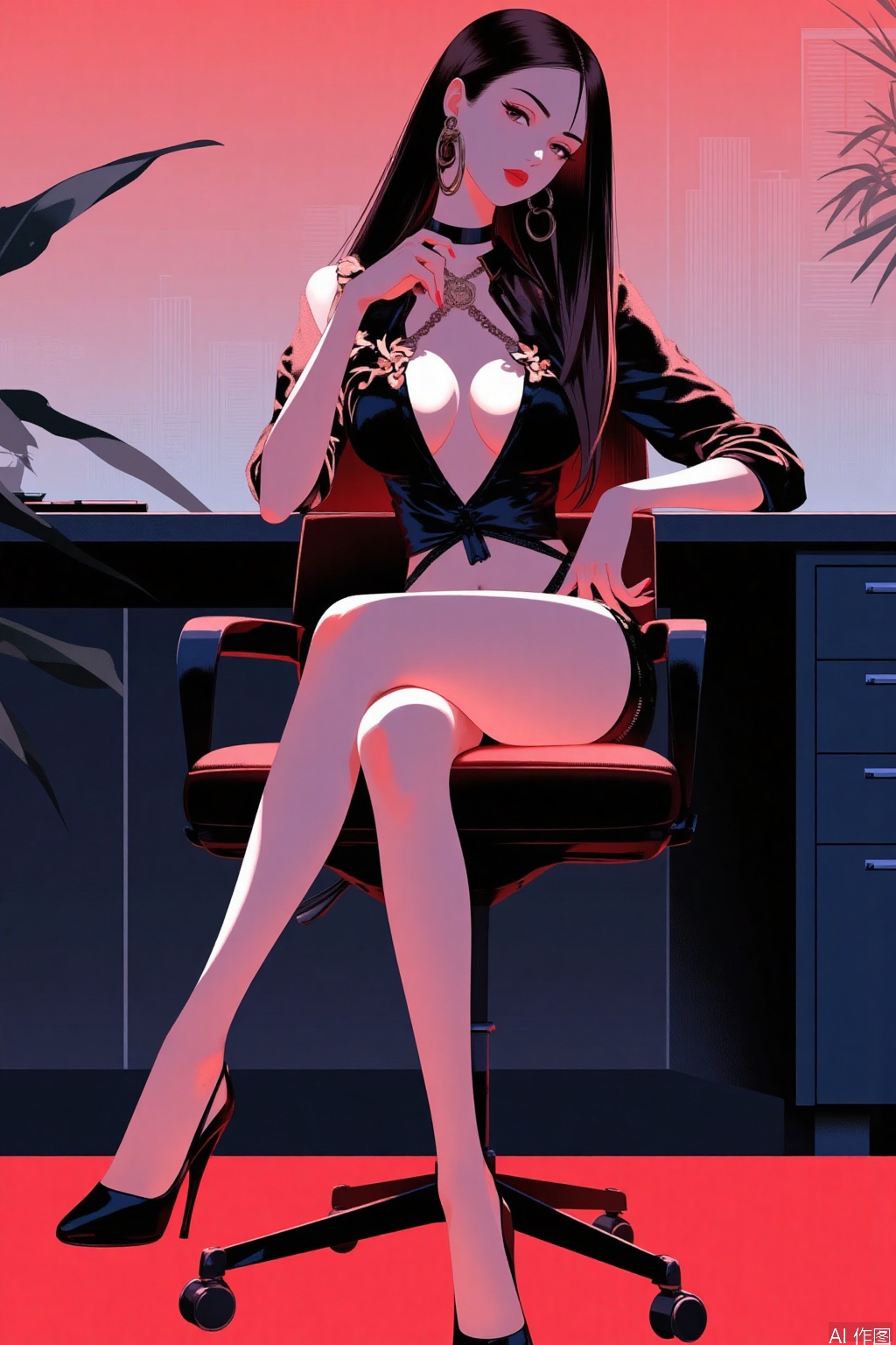 cyberpunk femme fatale of the 90s anime aesthetic by Patrick Nagel,sitting on the chair in office,with straight hair, cleavage,slim legs,footwear,mature,low key,