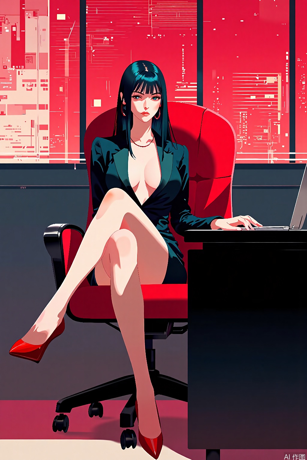 cyberpunk femme fatale of the 90s anime aesthetic by Patrick Nagel,sitting on the chair in office,with straight hair, cleavage,slim legs,footwear,mature,low key,