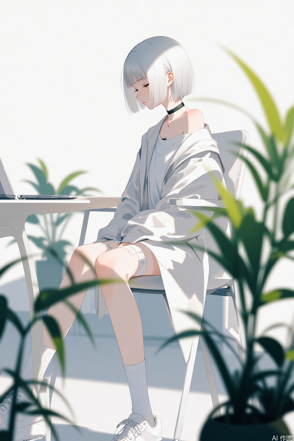 masterpiece,very aware,highres,absurdres,newest,best quality,high quality,chromatic_aberration, //, 1girl, solo, short hair, bangs, simple background, long sleeves, white background, holding, bare shoulders, sitting, closed mouth, green eyes, jacket, full body, white hair, grey hair, shoes, choker, socks, off shoulder, sleeves past wrists, tattoo, chair, white footwear, white jacket, plant, white socks, sneakers, bandaid, grey jacket, computer, bandaid on leg, bandaid on knee, grey socks //, ,(artist:quasarcake:0.8),extreme aesthetic,(wlop:0.6),(wanke:0.8),(mon (monmon2133):0.5),(mochizuki kei:0.95), (tira 27:0.7), //, official art,depth of field,detailed light,blurry background,best shadow,shiny skin,cinematic lighting,ray tracing, amazing quality,very aesthetic,absurdres,beast quality,ultra detailed,newest,8K,HDR,
负向提示