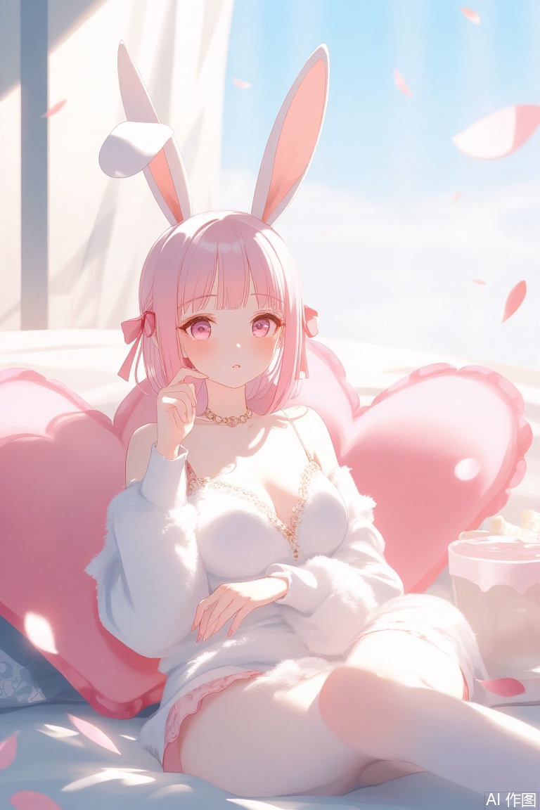 ((1girl)), gorgeous girl , kawaii girl , cute face, masterpiece, best quality, very awa, absurdres, 748cmstyle, usnr
masterpiece, best quality, Good quality, very aesthetic, absurdres, newest,1girl, light rays, looking at viewer, sky, solo, gradient color, erotic, petals falling,
BREAK
ultra-detailed, 8K, illustration, CG, ultra-detailed-eyes, detailed background, ambient occlusion, raytracing, soft lighting, absolutely eye-catching, intricate cinematic background, (beautiful face),  , eyelashes, erotic, looking seductive, coy. dynamic action image, detailed face, detailed eyes, direct mesmerizing gaze, mature female, medium breast,
BREAK
(sexy, slutty, hot, aroused), 
Wererabbit, animal legs, fluffy legs, rabbit ears, floppy animal ears 
BREAK
pink ribbon, playful, heart-shaped pillows, white sheet bed, dynamic pose, choker, lusty,