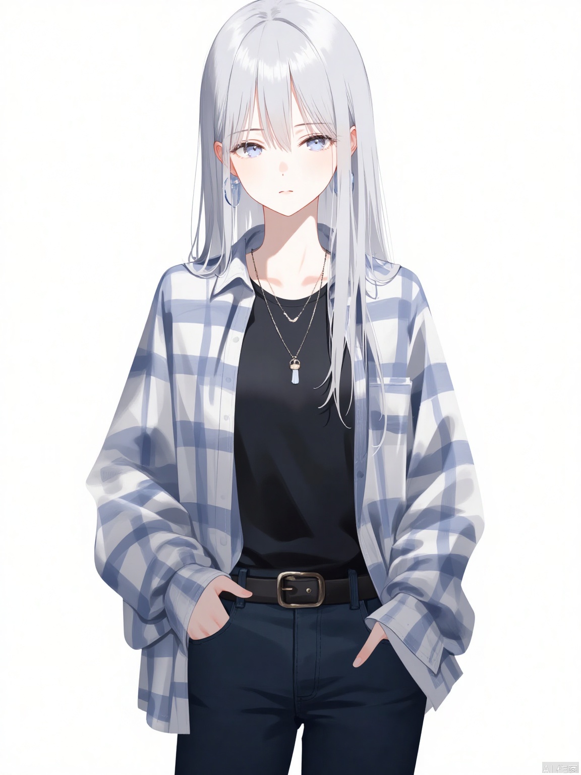 1girl, solo, long hair, looking at viewer, blue eyes, simple background, shirt, long sleeves, white background, hair between eyes, jewelry, closed mouth, standing, grey hair, cowboy shot, earrings, open clothes, pants, necklace, grey eyes, plaid, black shirt, expressionless, piercing, ear piercing, hands in pockets, plaid shirt