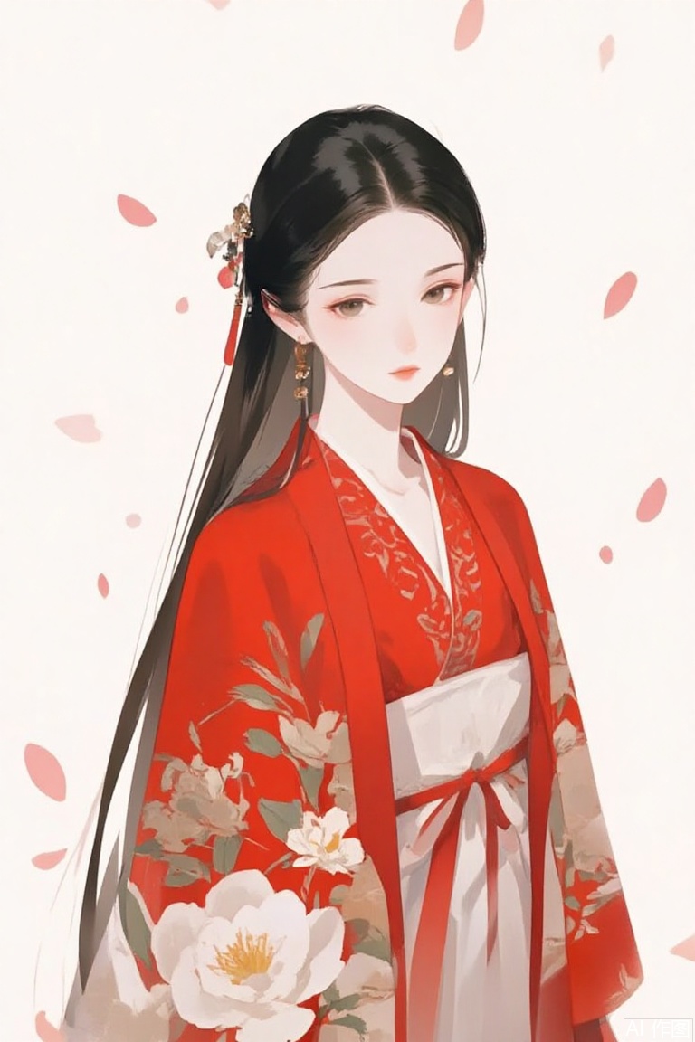 The image depicts a serene and elegant figure in traditional Japanese attire. The person is wearing a vibrant red kimono adorned with intricate floral patterns

including large white and yellow flowers. The kimono is complemented by a white obi sash tied around the waist. The individual has long

dark hair that flows down their back

and a delicate floral accessory is placed in their hair. The background is minimalistic

with scattered pink petals

enhancing the overall tranquil and traditional aesthetic of the scene.