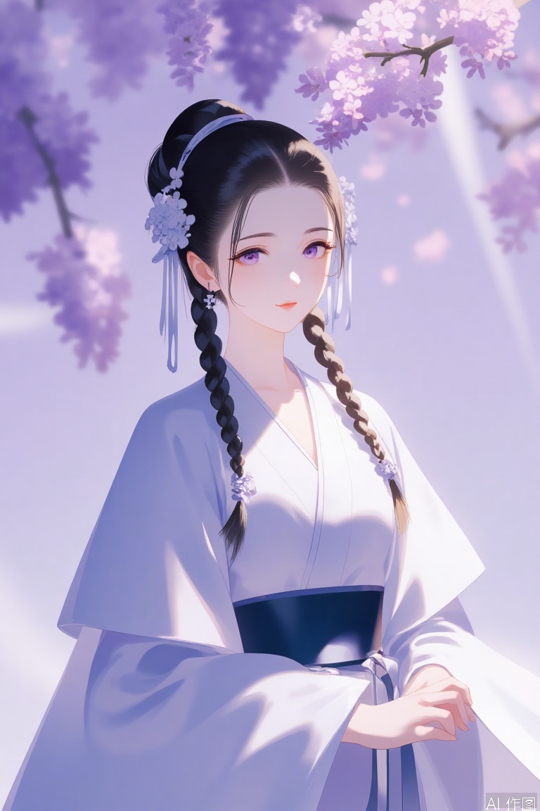 A tension shot, an impact picture, official art, movie perspective, masterpiece, facing the camera, best quality, very aesthetic, very delicate beauty, huge file size, amazing quality, 32K UHD,solo_focus, (1 girl, black hair, braids, upper body), anime, long hair,solo, gaze at the audience, Purple background, standing, above waist, Female focus, Long sleeves, Chinese clothing, wide sleeves, Hanfu, Belt, fringe, ribbon decoration, lonely, black hair, purple eyes, long hair, hair accessories, eye hair accessories, white clothing.
Simple background, depth of field, sunlight, Reflection, superb detail, intricate detail, Soothing tones, High contrast, natural skin texture, soft light, sharp Ultra High resolution, 32K UHD,((medium_shot)), upper body,(gongbihua:1.3), Representative, High quality, (a painting style of Gongbi flower: 1.1), Chinese dress, solo, facing the audience, looking at the audience, Lilac flower.