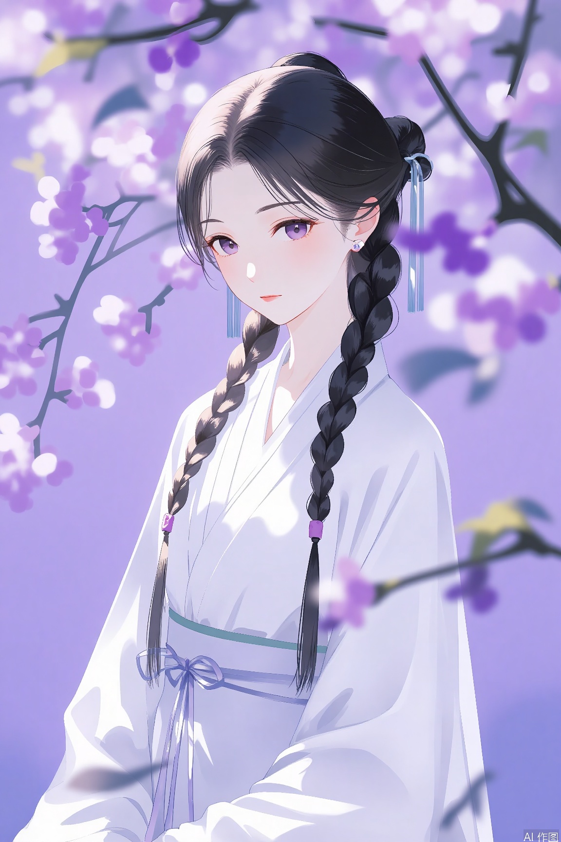 A tension shot, an impact picture, official art, movie perspective, masterpiece, facing the camera, best quality, very aesthetic, very delicate beauty, huge file size, amazing quality, 32K UHD,solo_focus, (1 girl, black hair, braids, upper body), anime, long hair,solo, gaze at the audience, Purple background, standing, above waist, Female focus, Long sleeves, Chinese clothing, wide sleeves, Hanfu, Belt, fringe, ribbon decoration, lonely, black hair, purple eyes, long hair, hair accessories, eye hair accessories, white clothing.
Simple background, depth of field, sunlight, Reflection, superb detail, intricate detail, Soothing tones, High contrast, natural skin texture, soft light, sharp Ultra High resolution, 32K UHD,((medium_shot)), upper body,(gongbihua:1.3), Representative, High quality, (a painting style of Gongbi flower: 1.1), Chinese dress, solo, facing the audience, looking at the audience, Lilac flower.