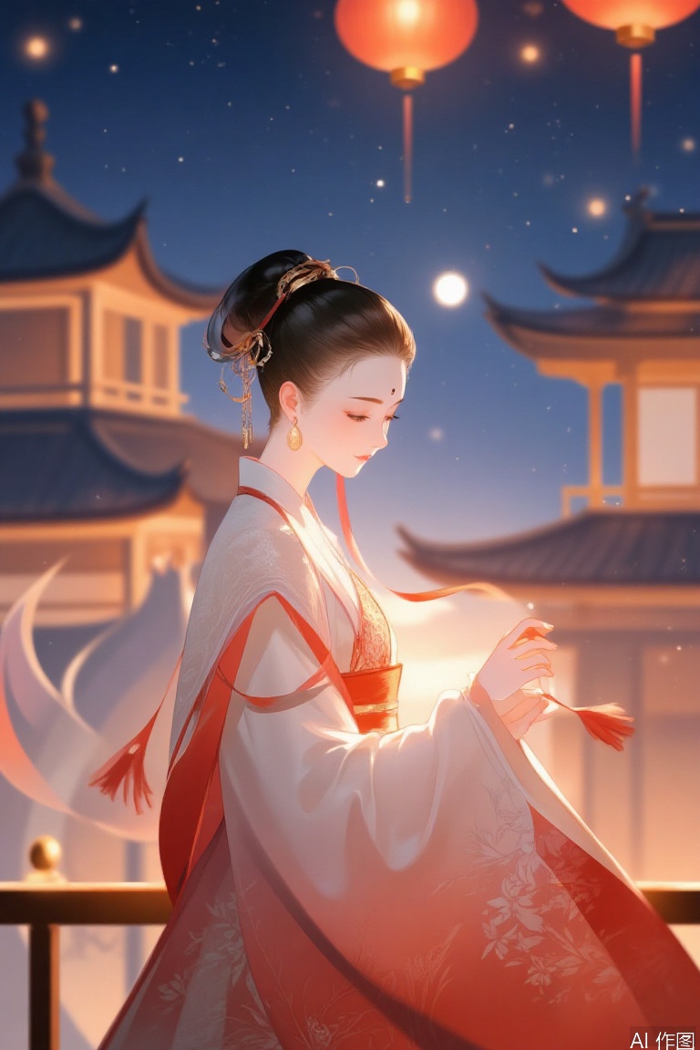 masterpiece, best quality, good quality, very aesthetic, absurdres, newest, 1girl, solo, hanfu, long hair, black hair, long sleeves, hair ornament, dress, holding, closed mouth, jewelry, outdoors, earrings, wide sleeves, hair bun, blurry, blurry background, night, chinese clothes, see-through,facial mark, looking down, moon, tassel, night sky, light particles, full moon, lantern, forehead mark, railing, architecture, east asian architecture, paper lantern, holding lantern,happy, Bright Festive Holiday Lights Lighting,