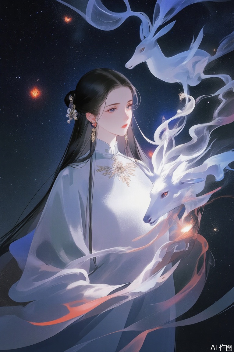 A beautiful ethereal art illustration in high definition and quality, featuring a young girl with long black hair渐变色尾端, adorned with earrings and jewelry. She wears a white Chinese coat with long sleeves, her blue eyes glowing with red light as she gazes at the viewer, lips slightly parted. Behind her floats a mythical white beast resembling a magical deer with antlers, surrounded by ethereal smoke in vibrant hues. The dark background is decorated with colored stars, creating a fantastic and mesmerizing atmosphere. Upper body composition. Keywords: ethereal, magical deer, colored smoke, dark background, stars, high quality.