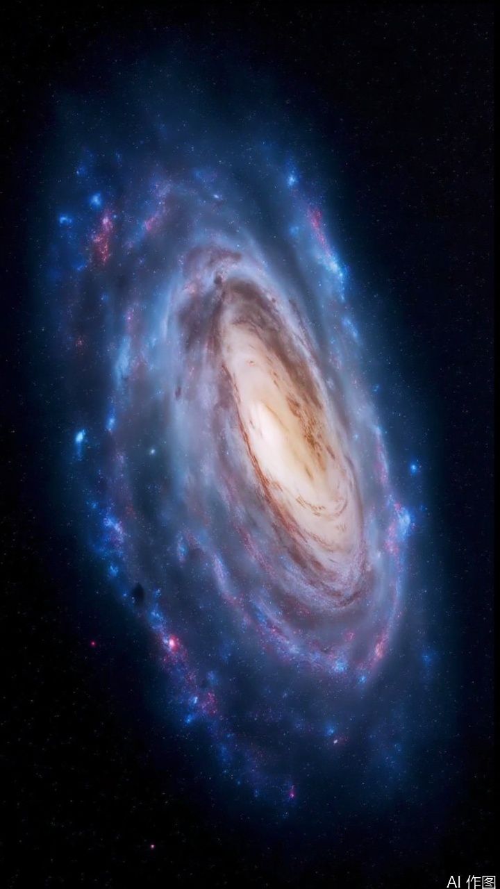 A high-resolution photo of the universe, the huge galaxy is like a dazzling vortex, with blue, purple and white rays intertwined. The center of the galaxy is a bright core surrounded by rotating nebula and stars. The background is a deep and boundless dark starry sky, which makes people feel the vastness and beauty of the universe.